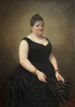 Late 19th Century French Portrait of a Lady in Black Evening Dress with Fan