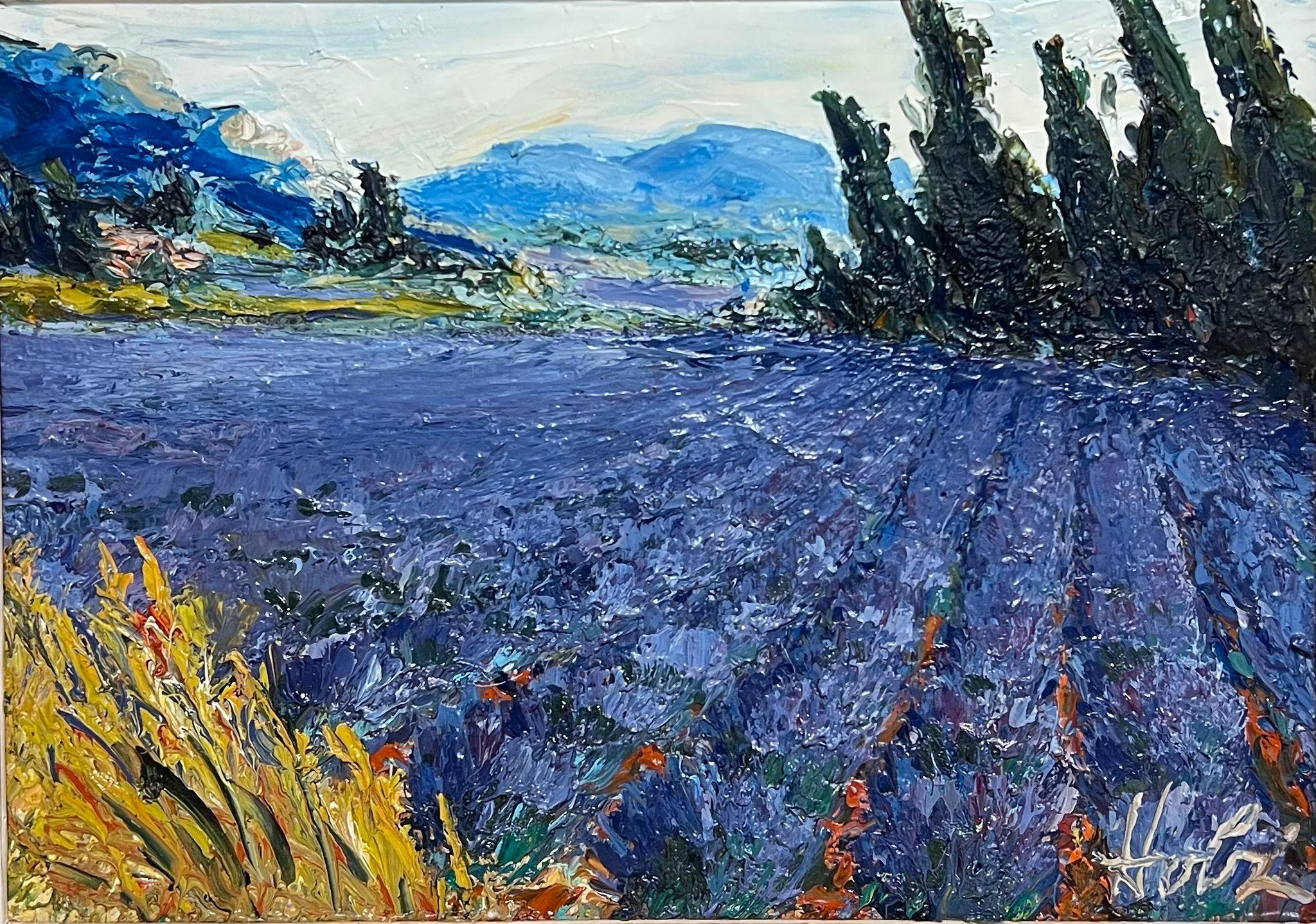 Campi di lavanda in Provenza Pittura a olio originale francese con cornice Montparnasse - Painting di French School