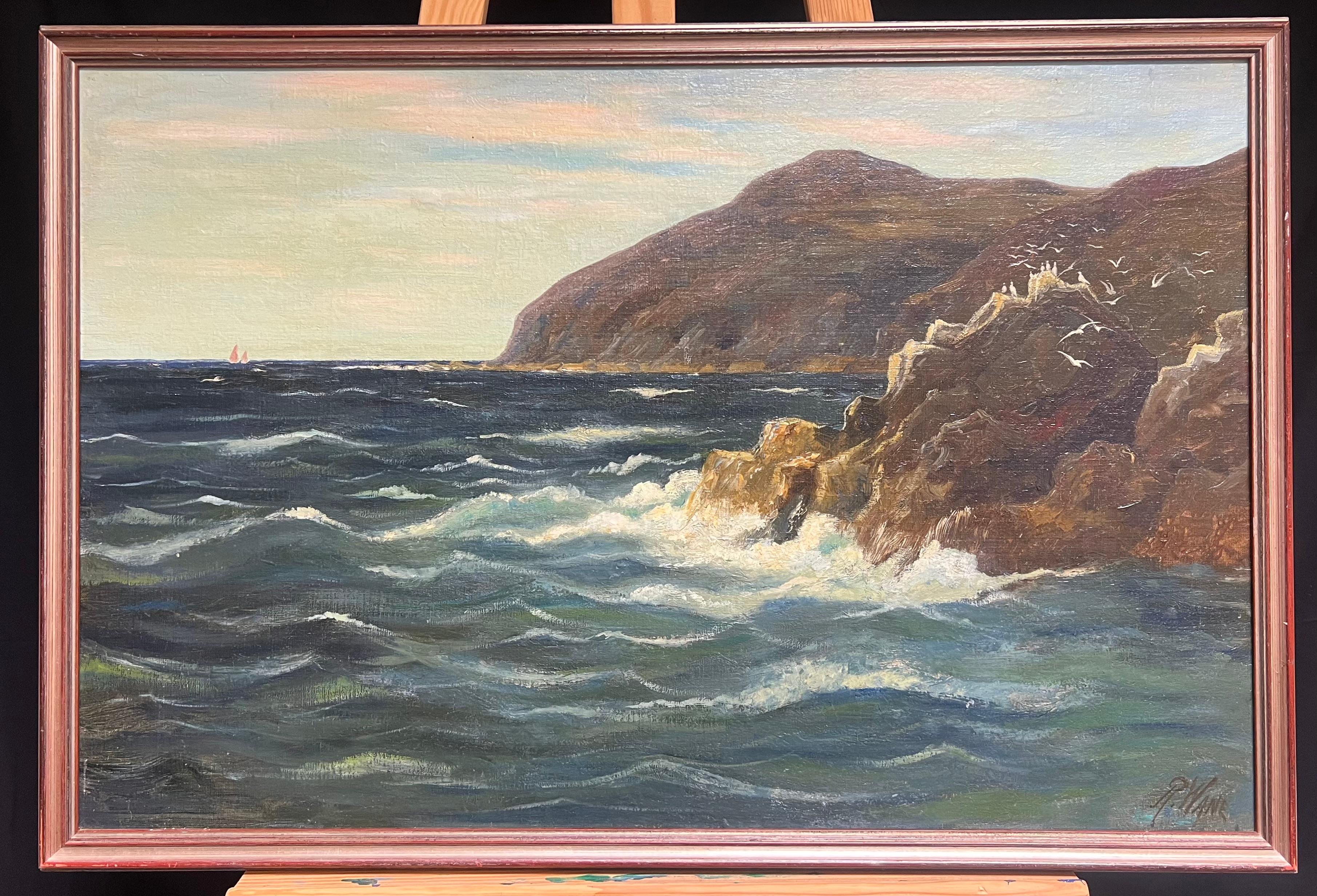 Majestätische Küsten Cliffs mit Seevögeln und einem distanzierten Segelboot Ein faszinierendes Meer – Painting von French School