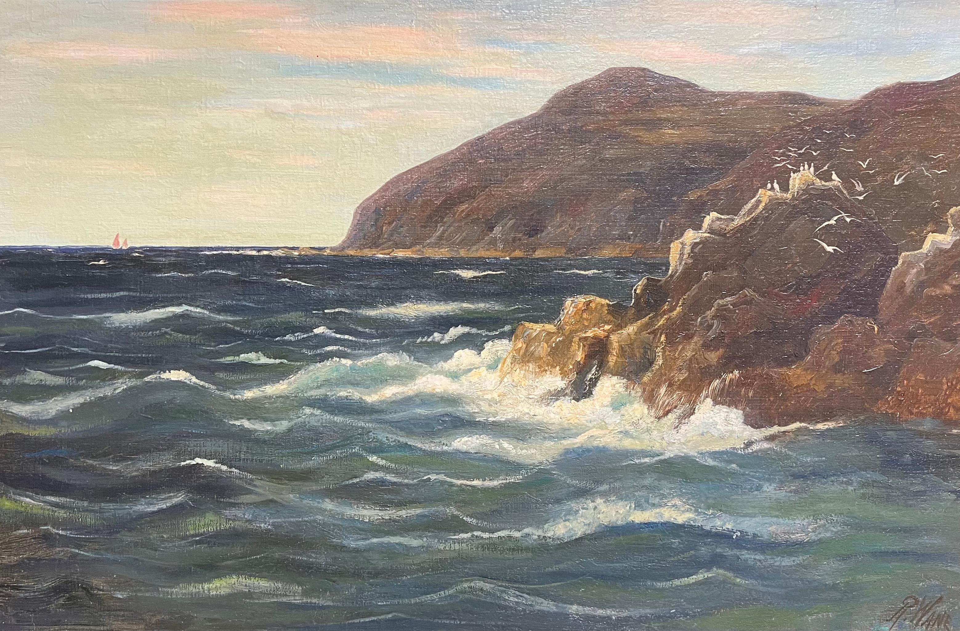 Majestätische Küsten Cliffs mit Seevögeln und einem distanzierten Segelboot Ein faszinierendes Meer (Impressionismus), Painting, von French School