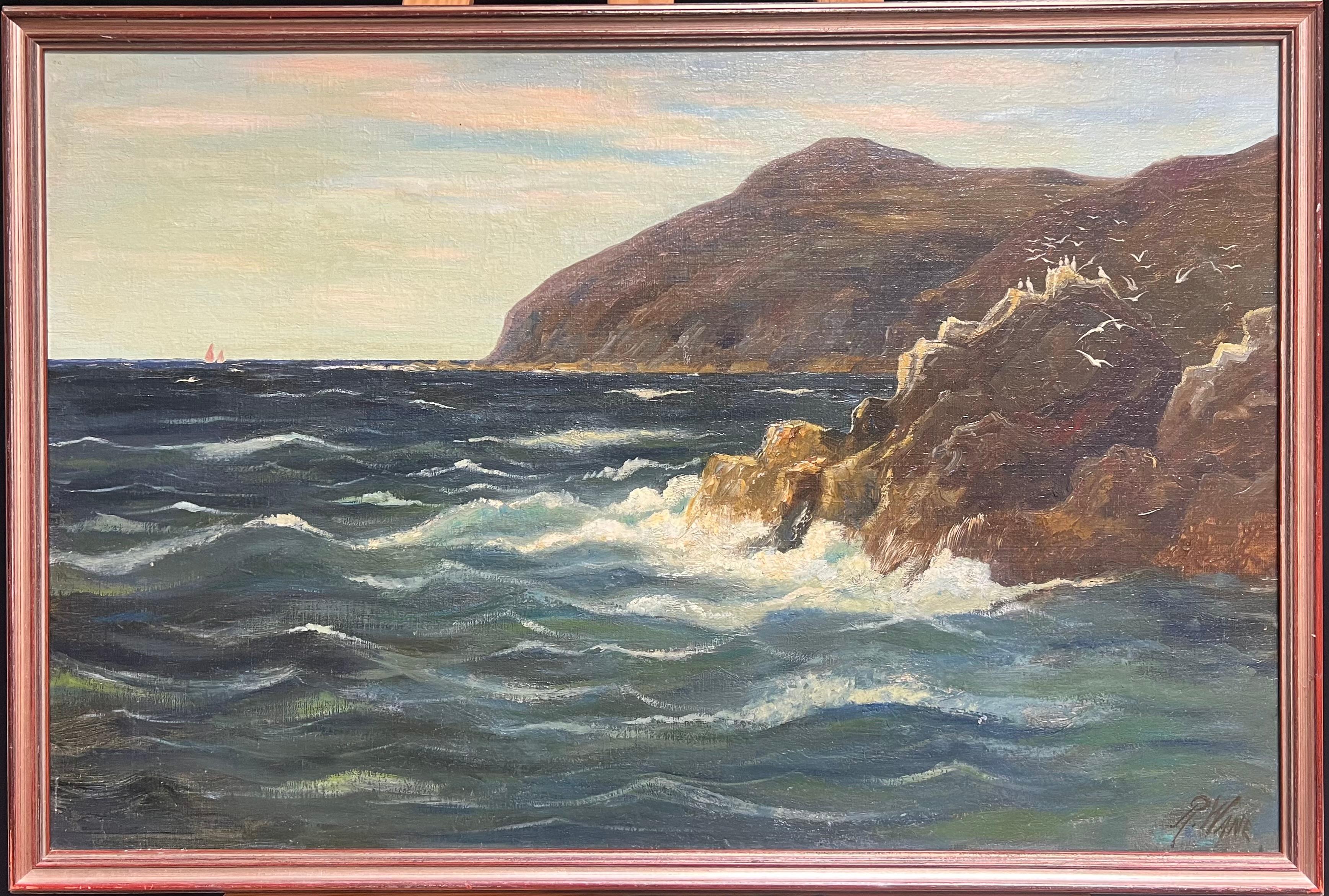 Majestätische Küsten Cliffs mit Seevögeln und einem distanzierten Segelboot Ein faszinierendes Meer