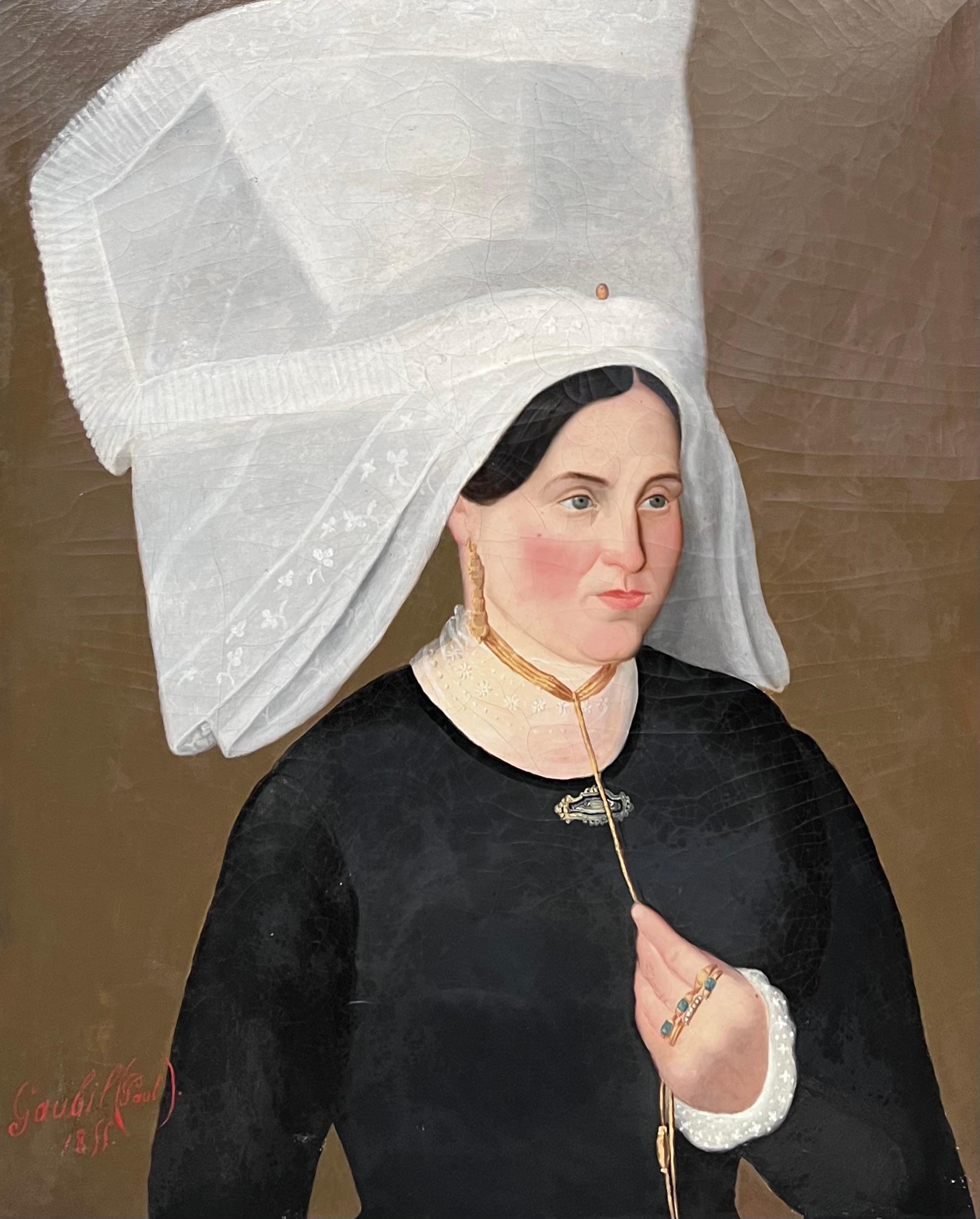 Retrato francés de mediados del siglo XIX de mujer con gran tocado blanco Óleo grande - Painting de French School