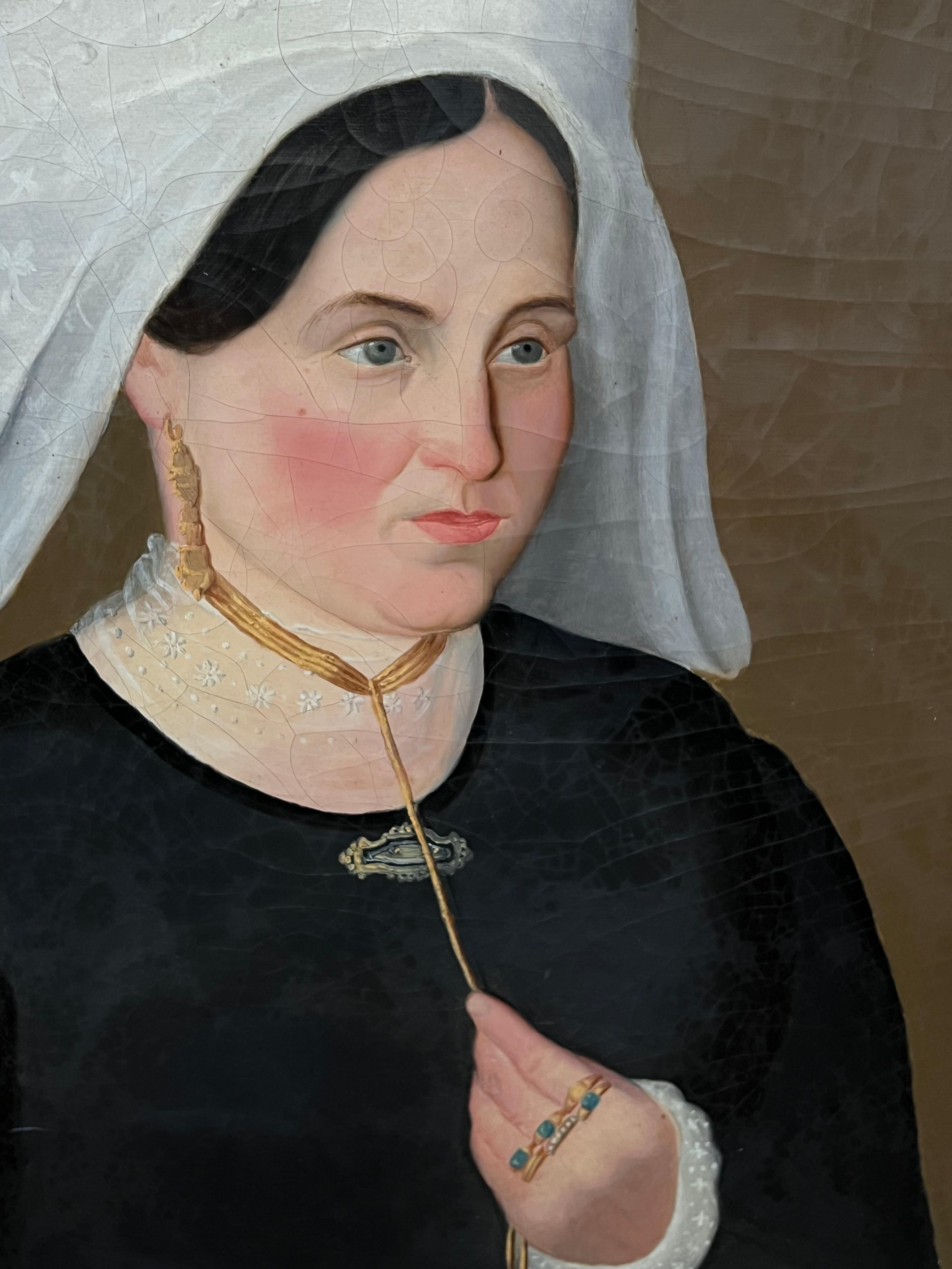 Retrato francés de mediados del siglo XIX de mujer con gran tocado blanco Óleo grande - Portrait Painting Negro de French School