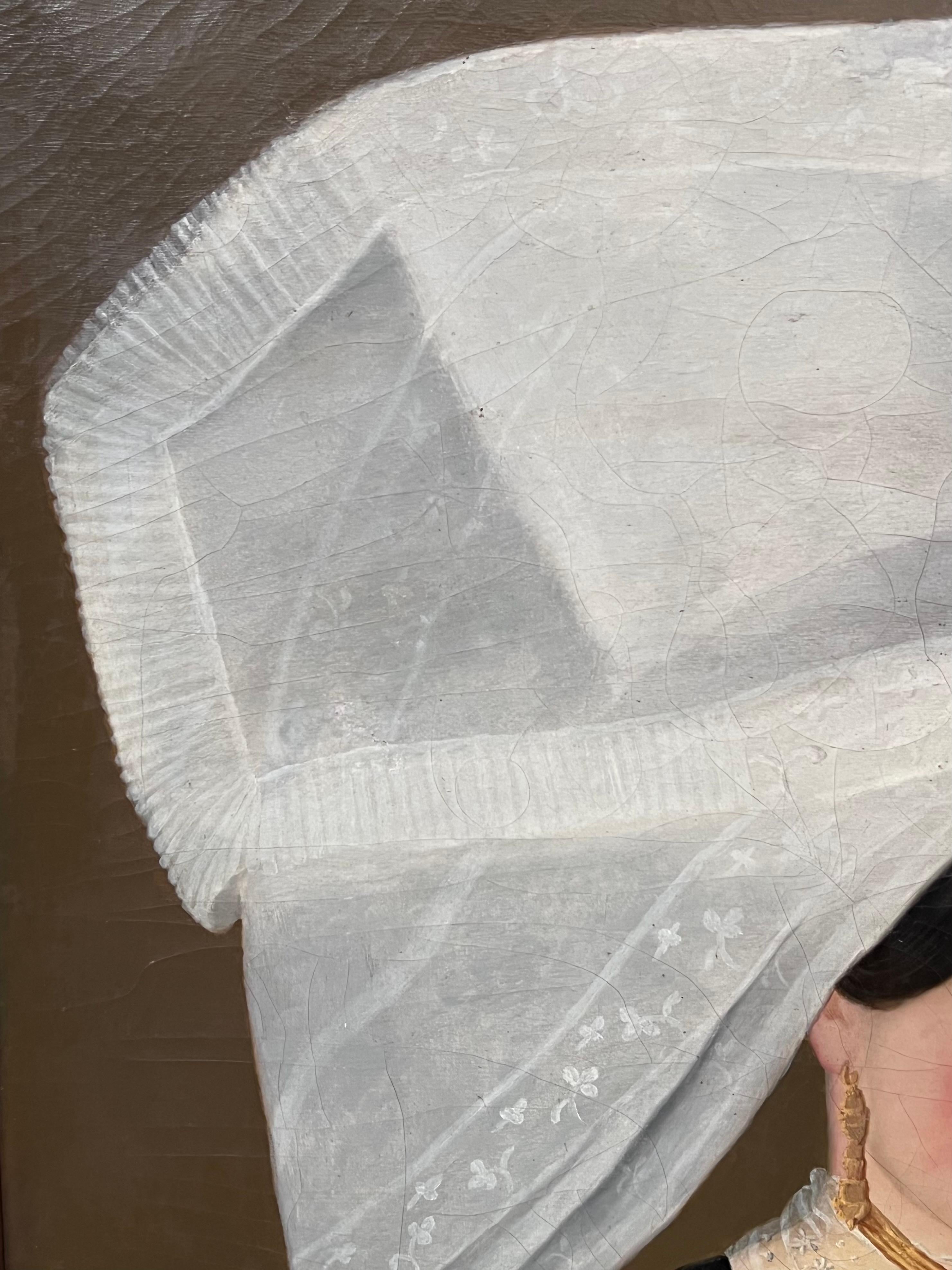 Retrato francés de mediados del siglo XIX de mujer con gran tocado blanco Óleo grande en venta 1