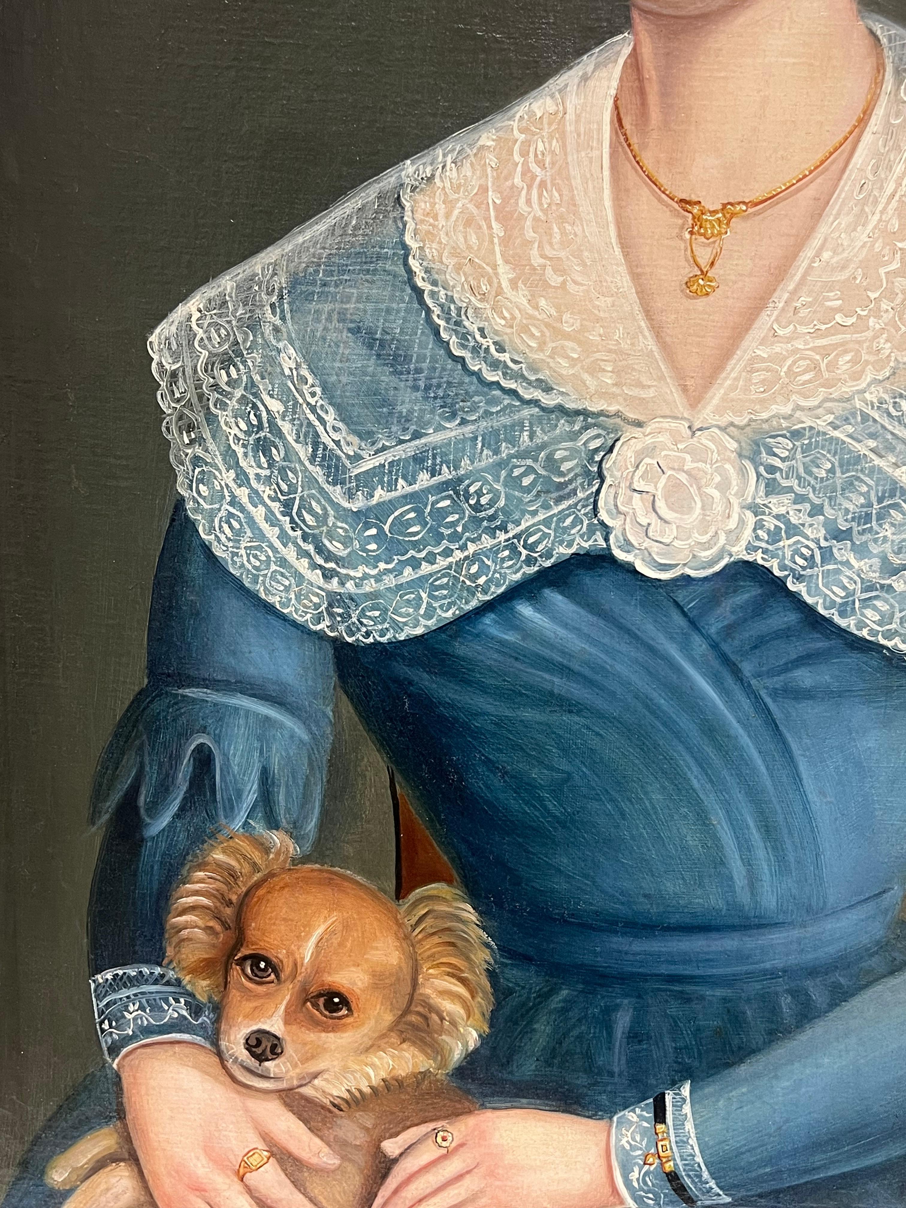 Ritratto a olio di signora e cane della metà del XIX secolo, incorniciato in vendita 5