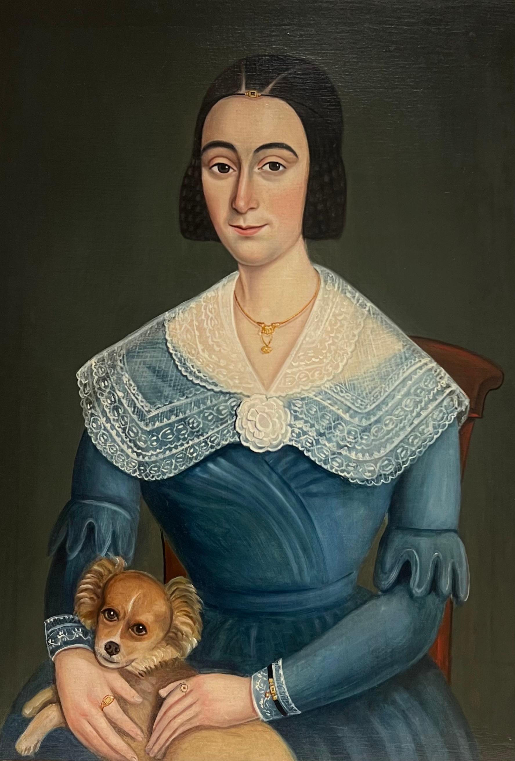 Ritratto a olio di signora e cane della metà del XIX secolo, incorniciato - Painting di French School