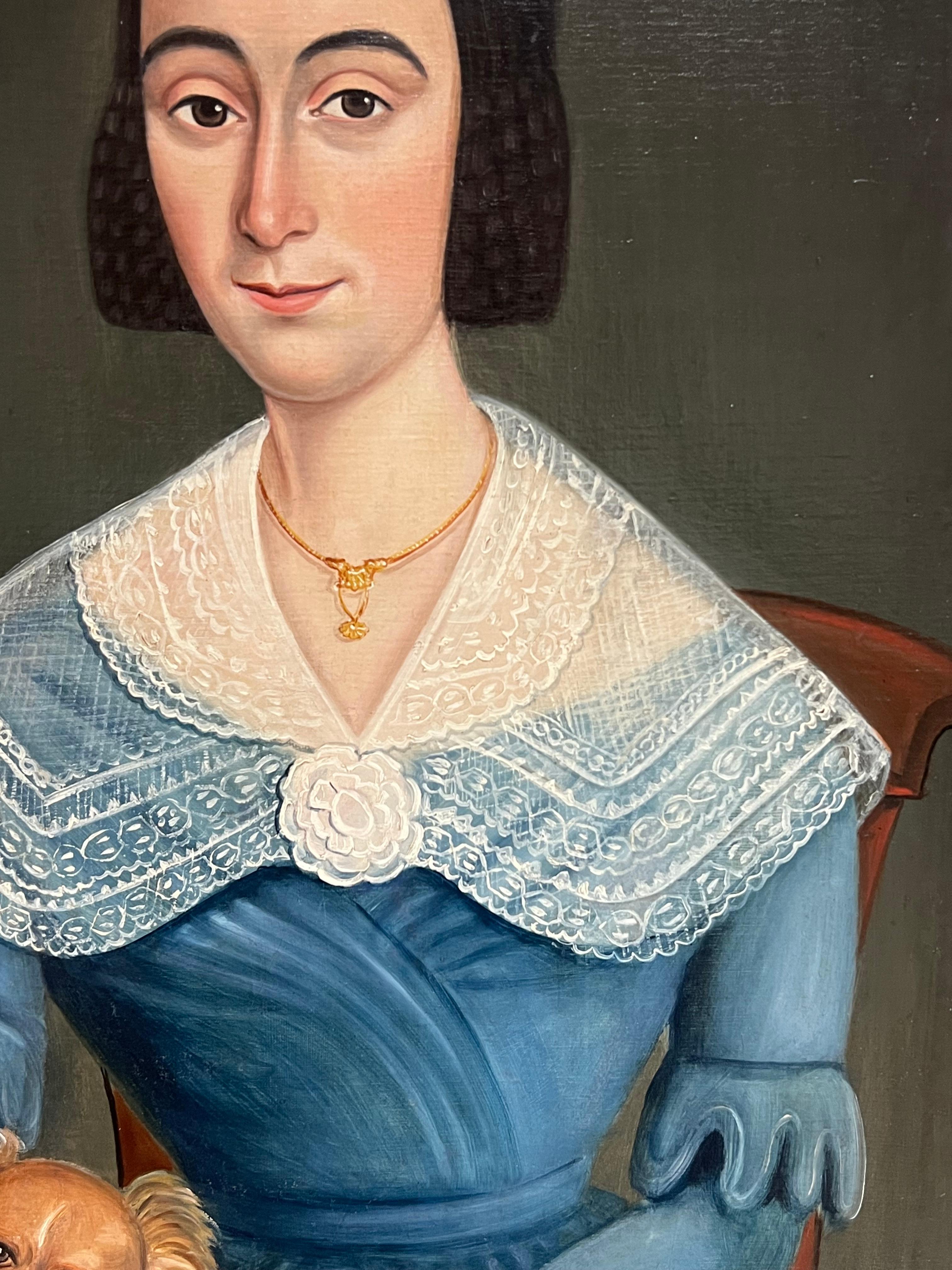 Ritratto a olio di signora e cane della metà del XIX secolo, incorniciato - Painting Scuola francese di French School