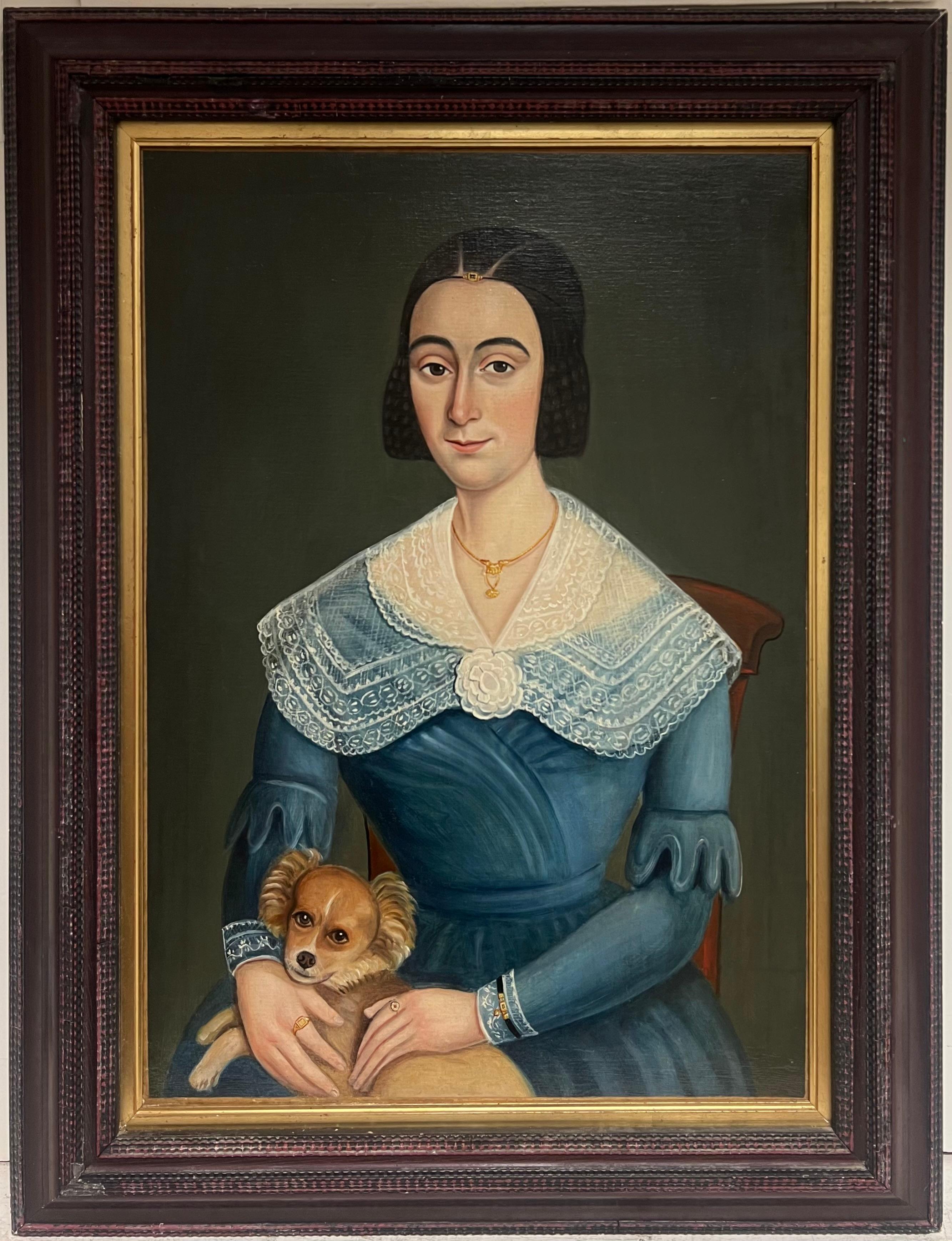 Mid 19th Century French Provincial Oil Portrait of Lady & Her Dog, framed