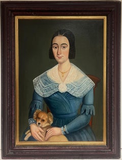 Retrato al óleo provincial francés de mediados del siglo XIX de una dama y su perro, enmarcado
