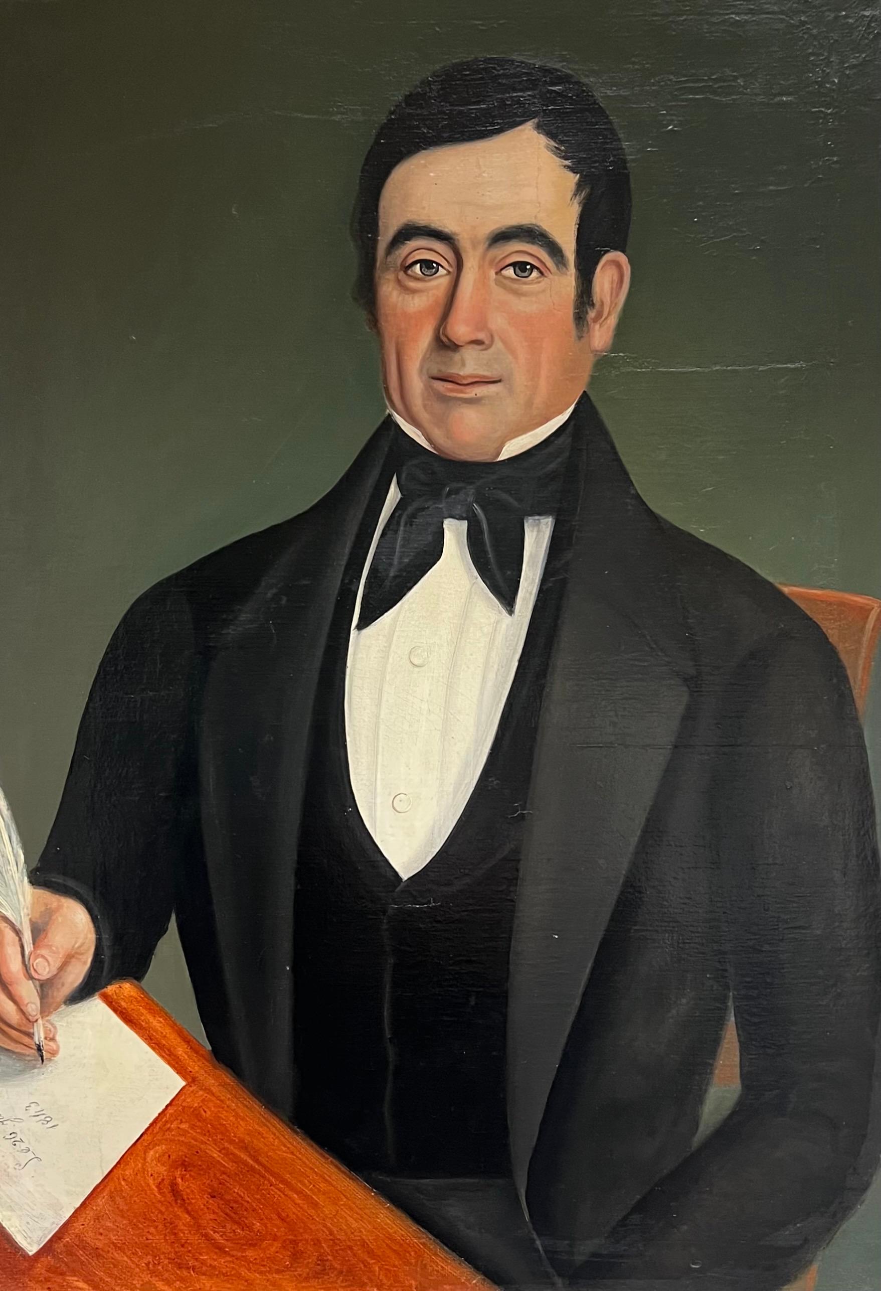 Mitte des 19. Jahrhunderts Französisch signiert Porträt eines Gentleman mit Brief & Quill Stift – Painting von French School