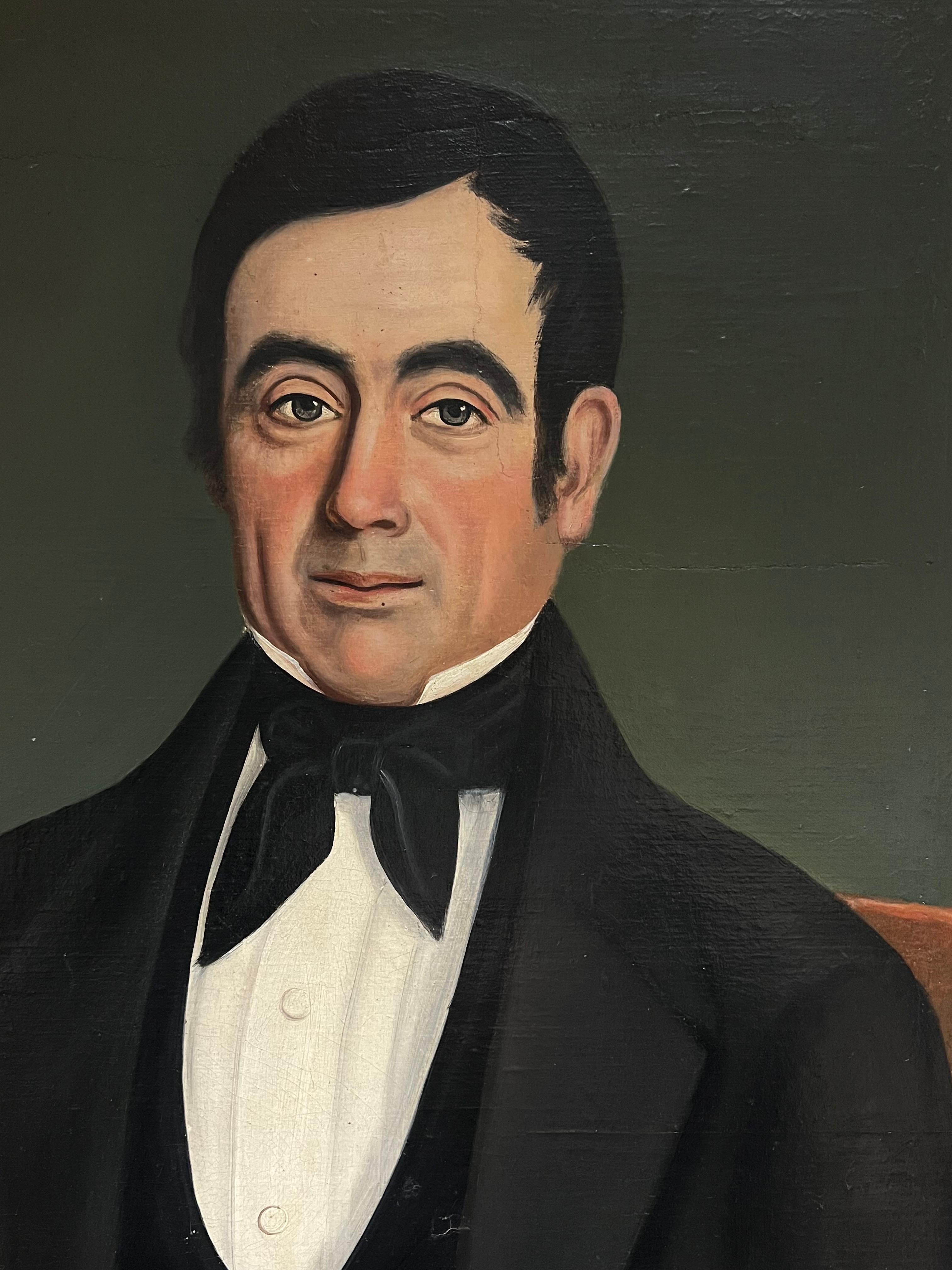 Mitte des 19. Jahrhunderts Französisch signiert Porträt eines Gentleman mit Brief & Quill Stift (Schwarz), Portrait Painting, von French School