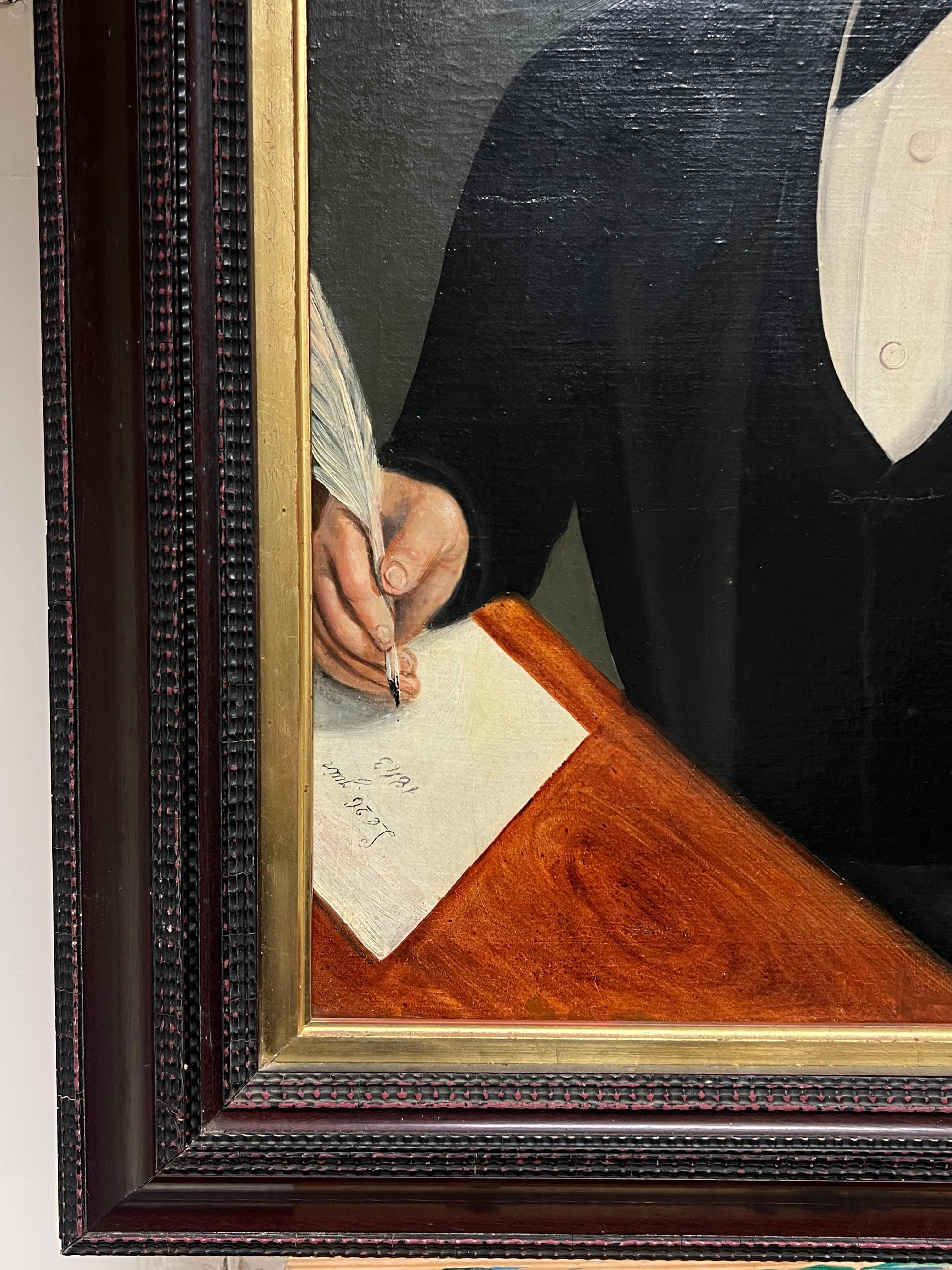 Mitte des 19. Jahrhunderts Französisch signiert Porträt eines Gentleman mit Brief & Quill Stift im Angebot 2
