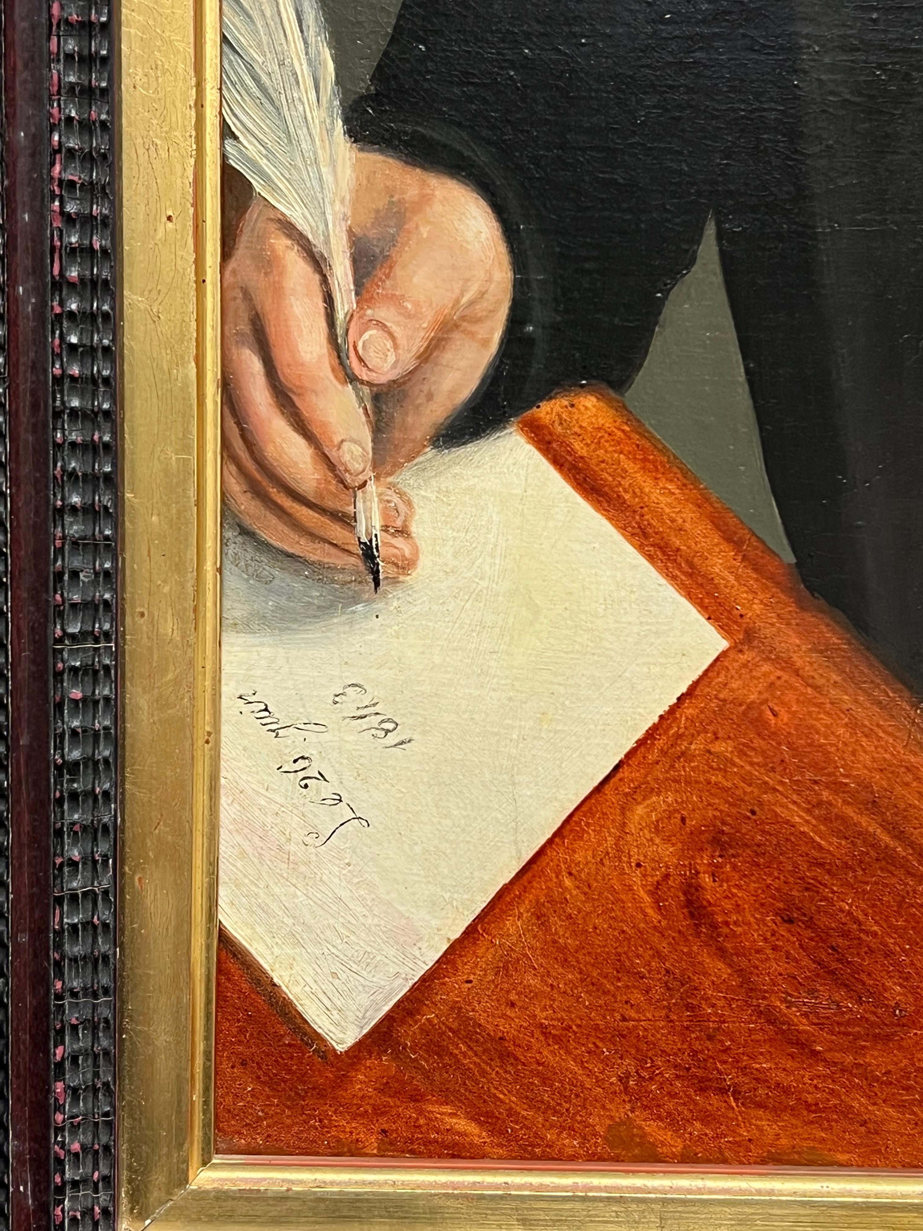 Mitte des 19. Jahrhunderts Französisch signiert Porträt eines Gentleman mit Brief & Quill Stift im Angebot 3