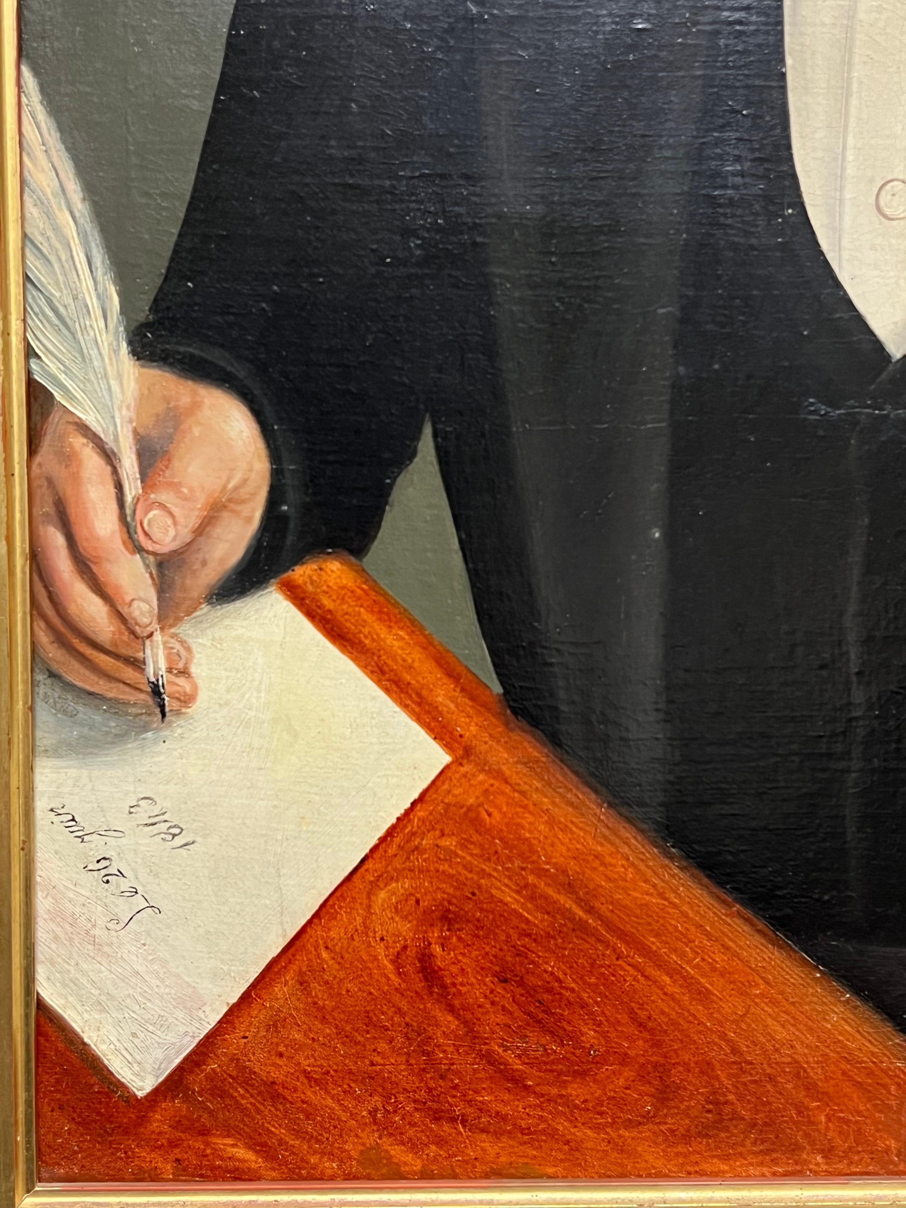 Mitte des 19. Jahrhunderts Französisch signiert Porträt eines Gentleman mit Brief & Quill Stift im Angebot 4