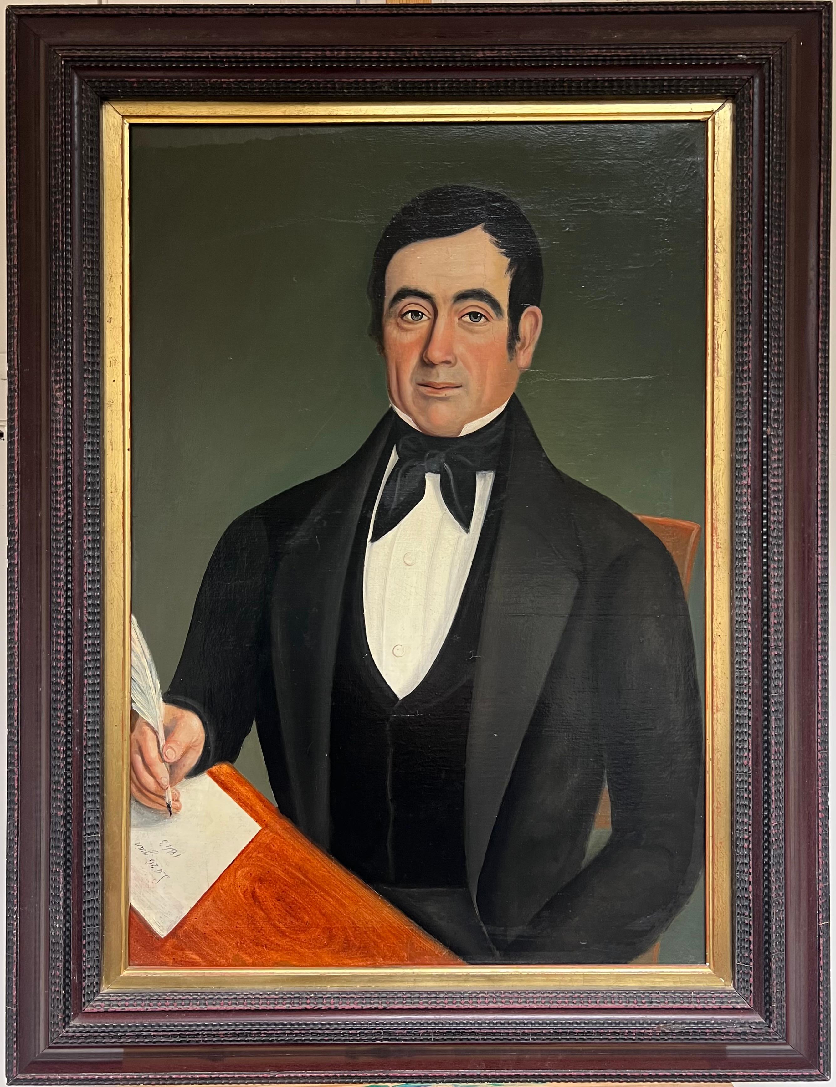 French School Portrait Painting – Mitte des 19. Jahrhunderts Französisch signiert Porträt eines Gentleman mit Brief & Quill Stift