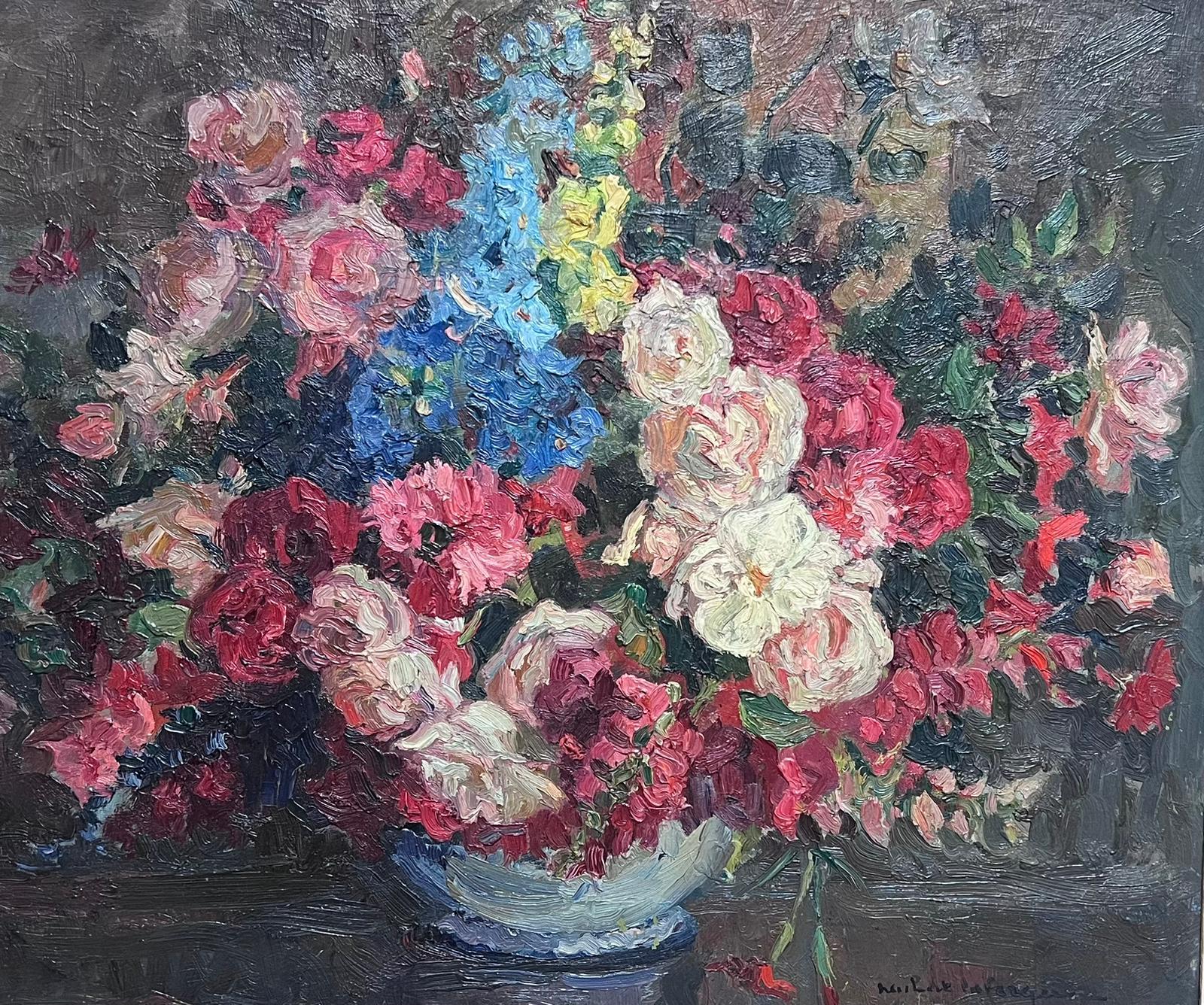 Mid 20th C French Impressionist Signed Oil Vintage Flowers Montparnasse Frame - Painting by French School
