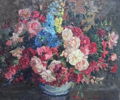 Huile impressionniste française du milieu du 20e siècle, signée, fleurs Montparnasse