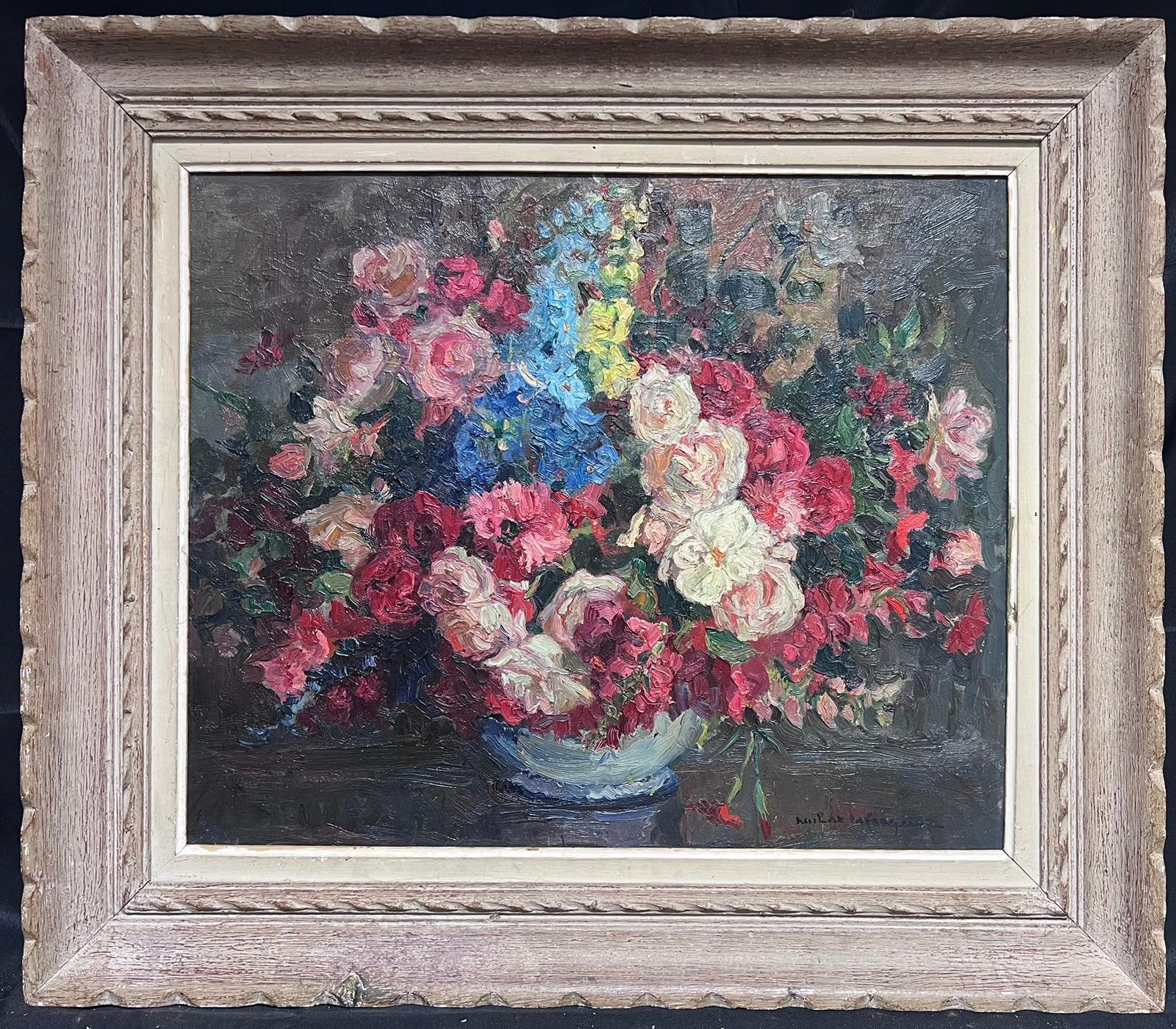 French School Still-Life Painting - Mid 20th C French Impressionist Signed Oil Vintage Flowers Montparnasse Frame