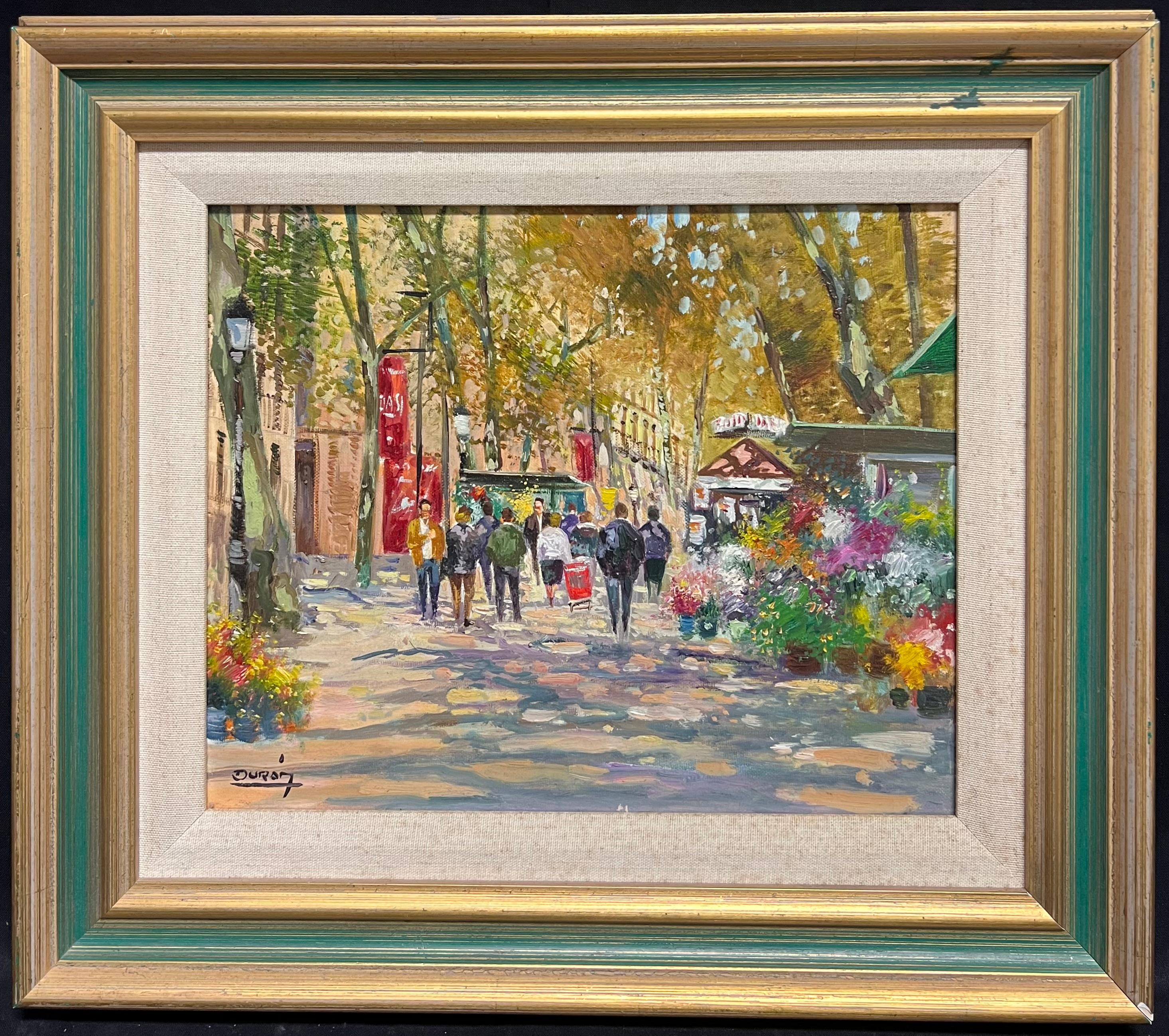Mid-20th Century Autumnal Parisian Street Scene with Flower Stalls Signed Oil - Painting by French School
