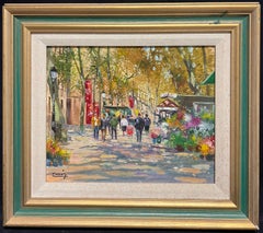 Mid-20th Century Autumnal Parisian Street Scene with Flower Stalls Signed Oil