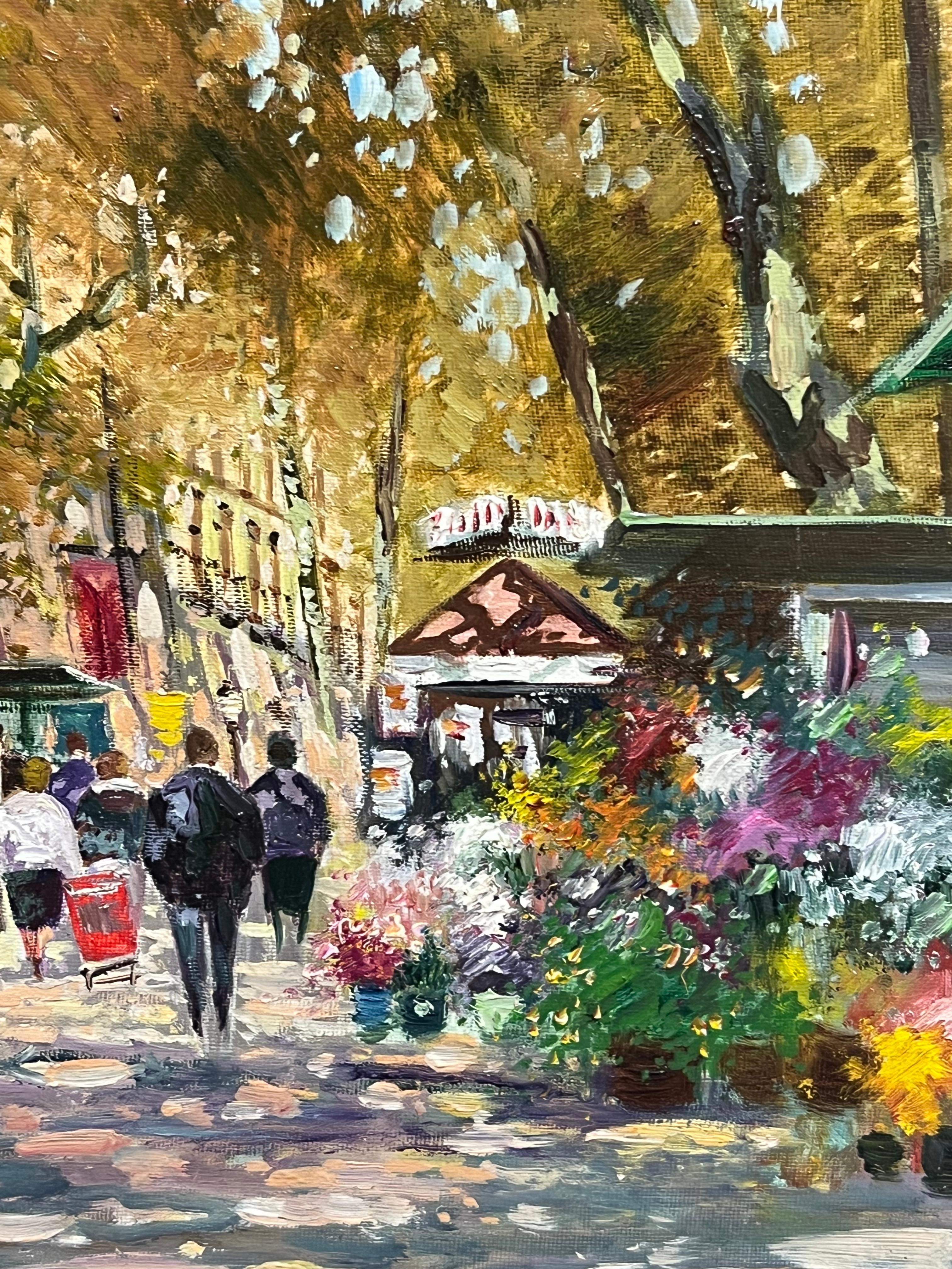 Mid-20th Century Autumnal Parisian Street Scene with Flower Stalls Signed Oil - Impressionist Painting by French School