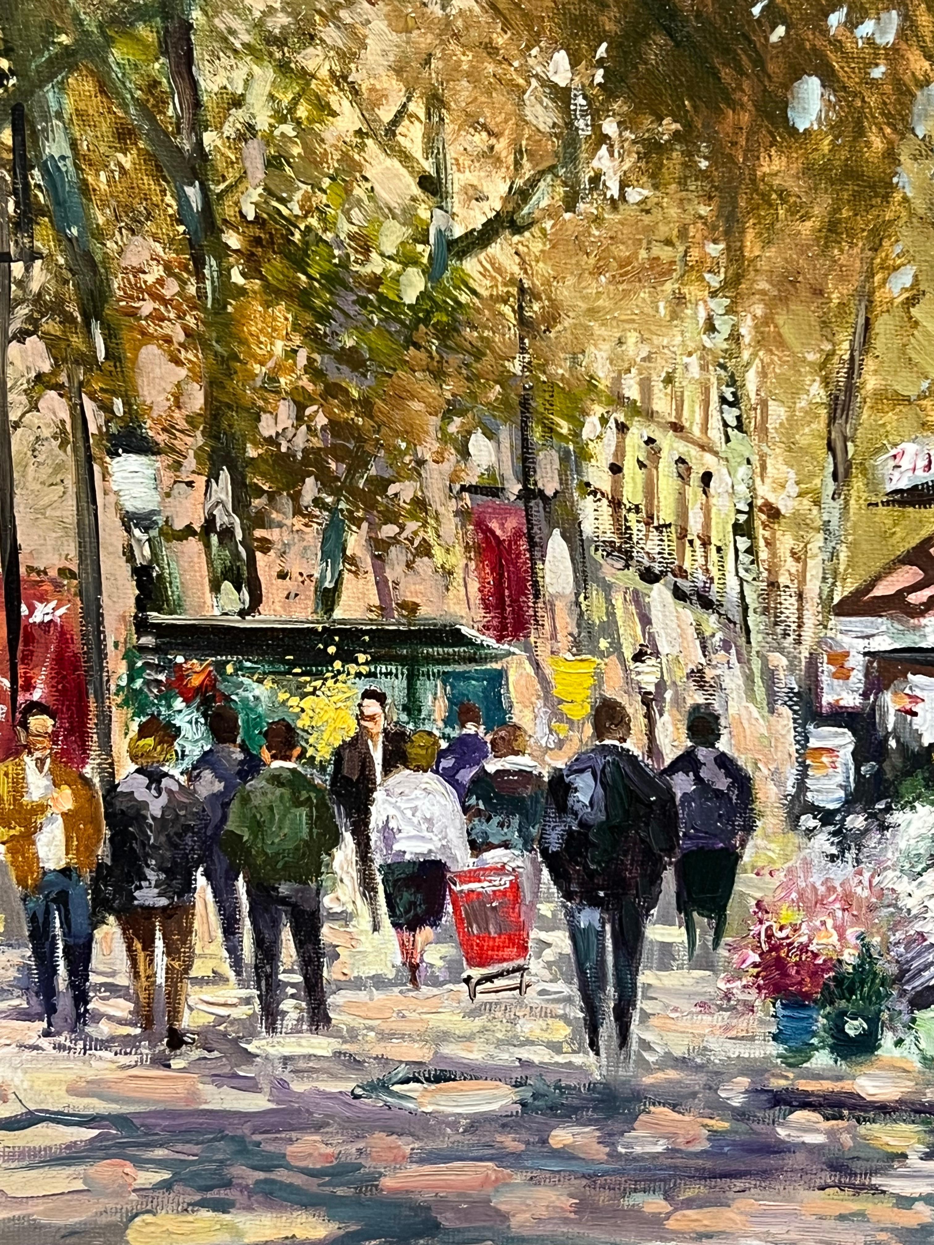 Mid-20th Century Autumnal Parisian Street Scene with Flower Stalls Signed Oil - Brown Landscape Painting by French School