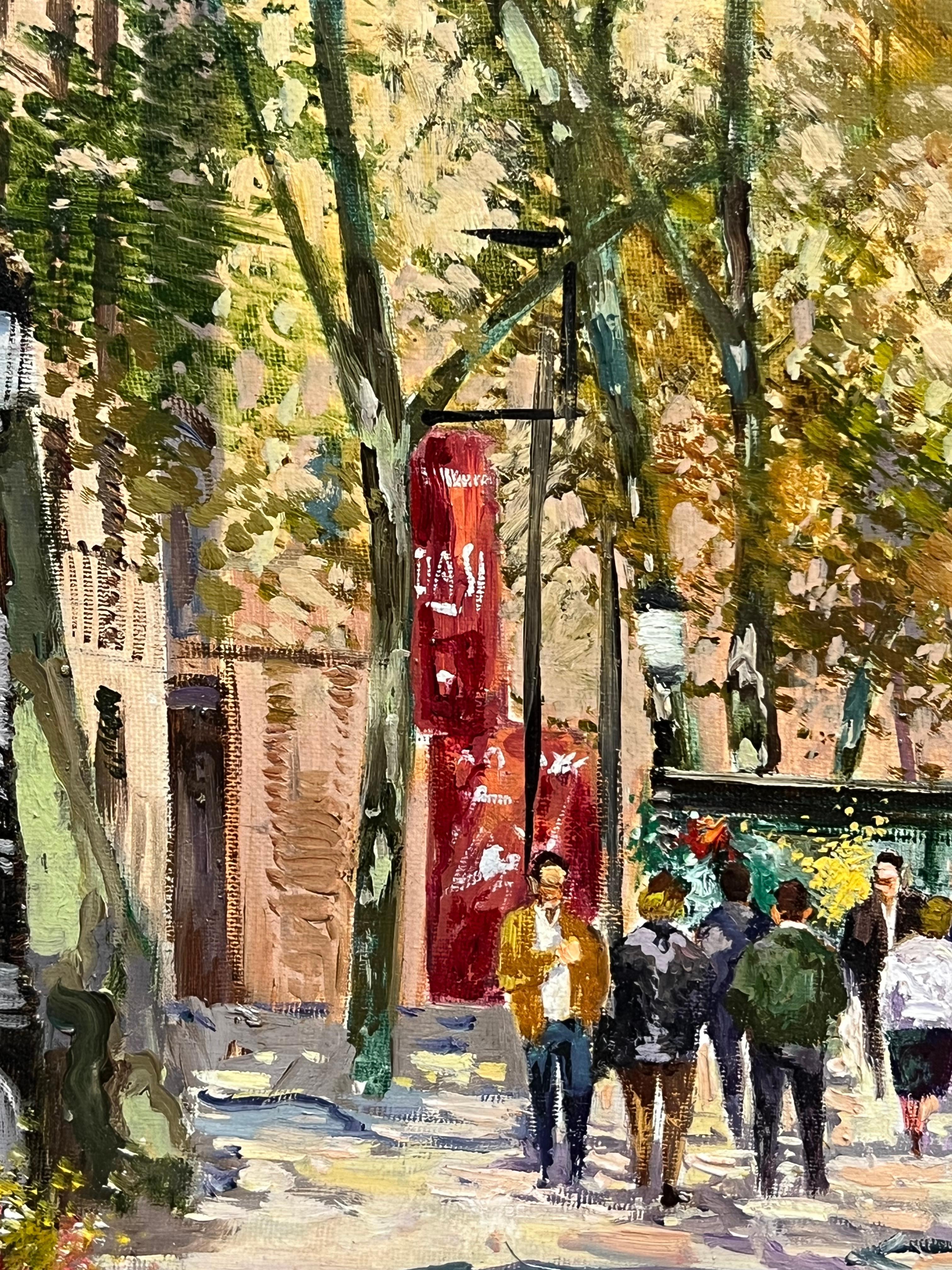 Autumn Parisian Street Scene 
signed oil on canvas, framed
Framed: 13.5 x 15.75 inches
Canvas: 9 x 11 inches
Provenance: private collection, UK
Condition: very good condition 

Description:
This lively mid-20th-century oil painting by Duran captures