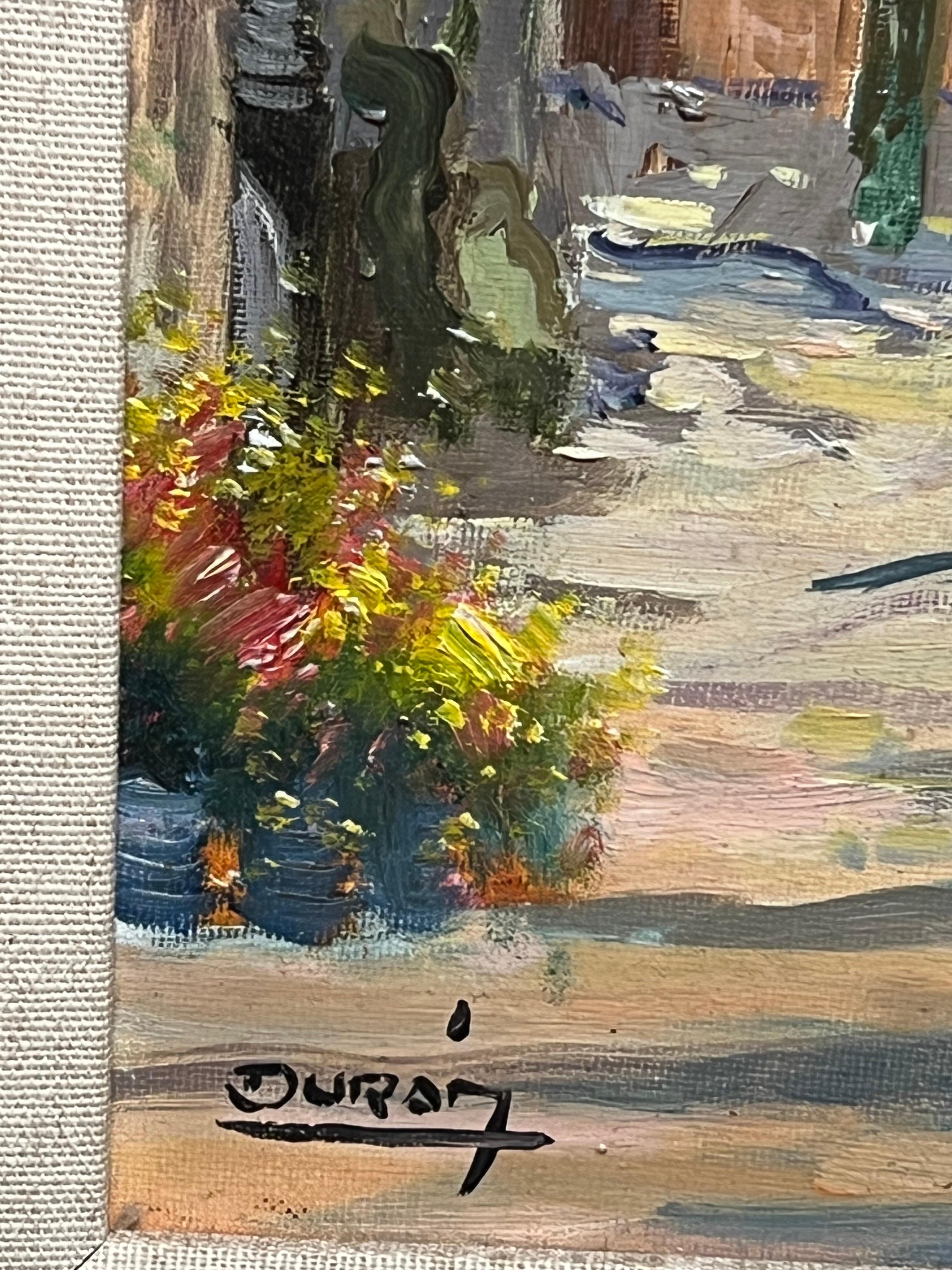 Mid-20th Century Autumnal Parisian Street Scene with Flower Stalls Signed Oil For Sale 1