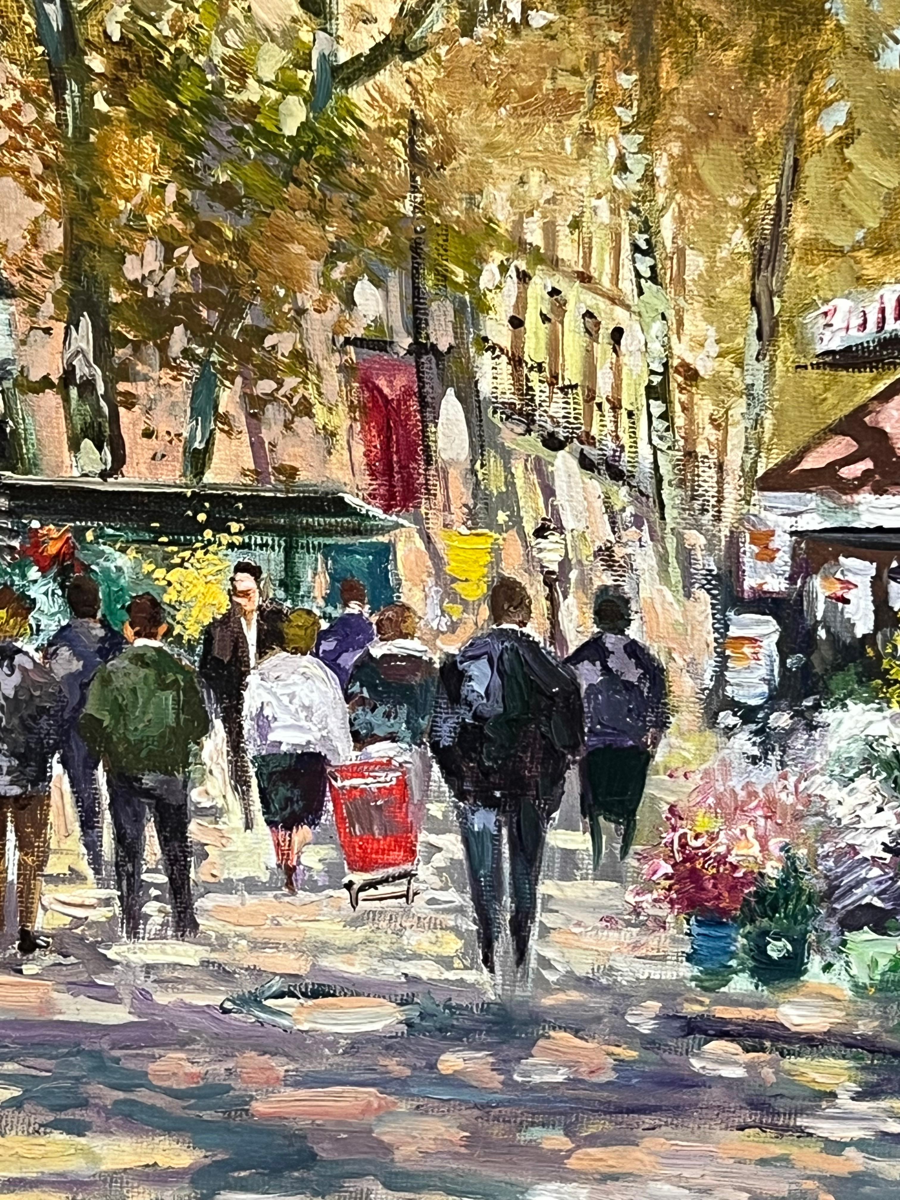 Mid-20th Century Autumnal Parisian Street Scene with Flower Stalls Signed Oil For Sale 2