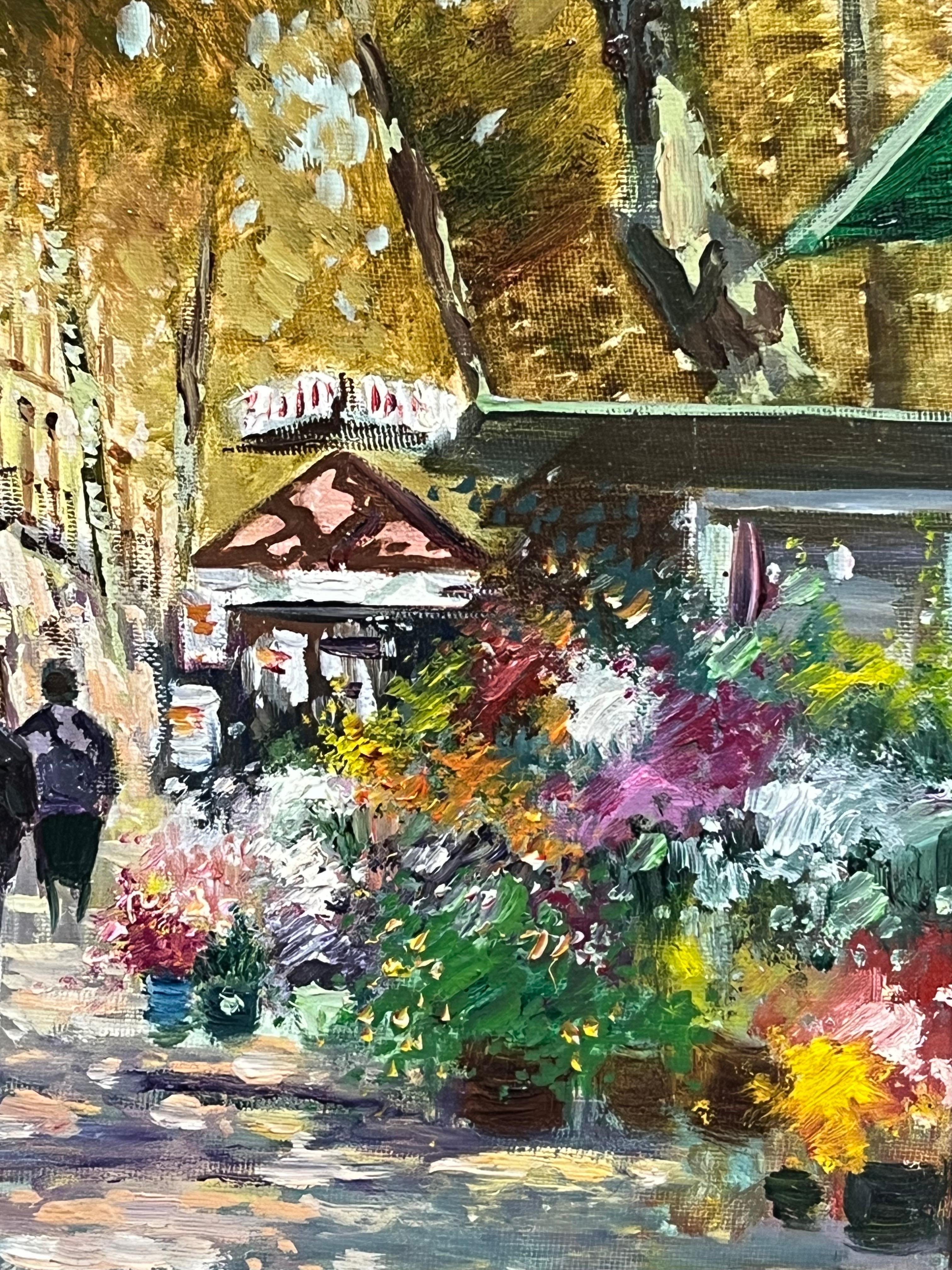 Mid-20th Century Autumnal Parisian Street Scene with Flower Stalls Signed Oil For Sale 3