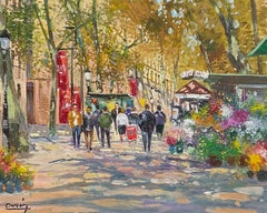 Herbstliche Pariser Straßenszene mit Blumenständern, signiert, Öl, Mitte des 20. Jahrhunderts