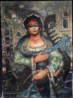Mid 20th Century Expressionist Portrait Lady in Gondola Venice Signed Painting