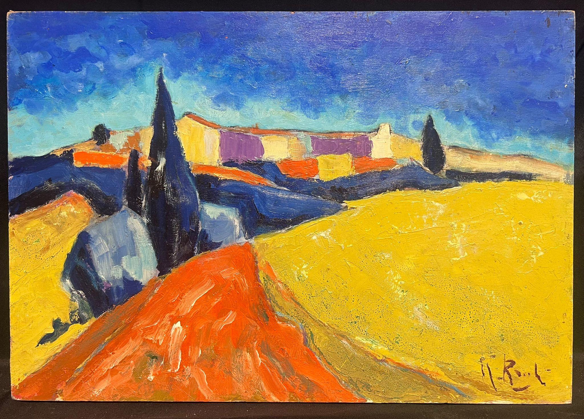 Mid 20th Century French Cubist Abstract Signed Oil Golden Fields Provence - Painting by French School