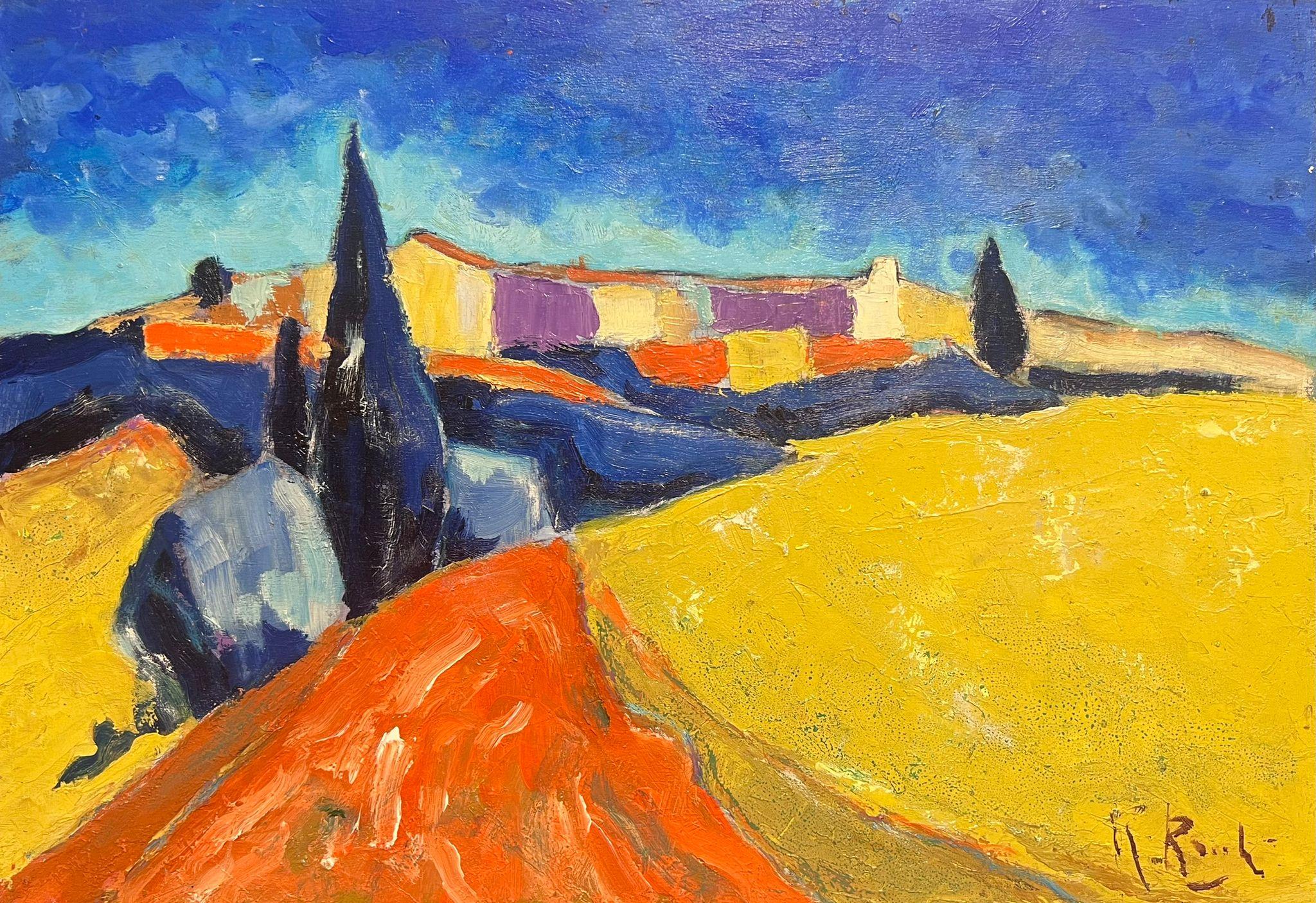 Landscape Painting di French School - Olio astratto cubista della metà del XX secolo firmato Campi dorati della Provenza