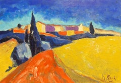 Mid 20th Century French Cubist Abstract Signed Oil Golden Fields Provence