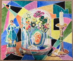 Mid 20th Century French Cubist Still Life Painting Glass Dome & Candlestick