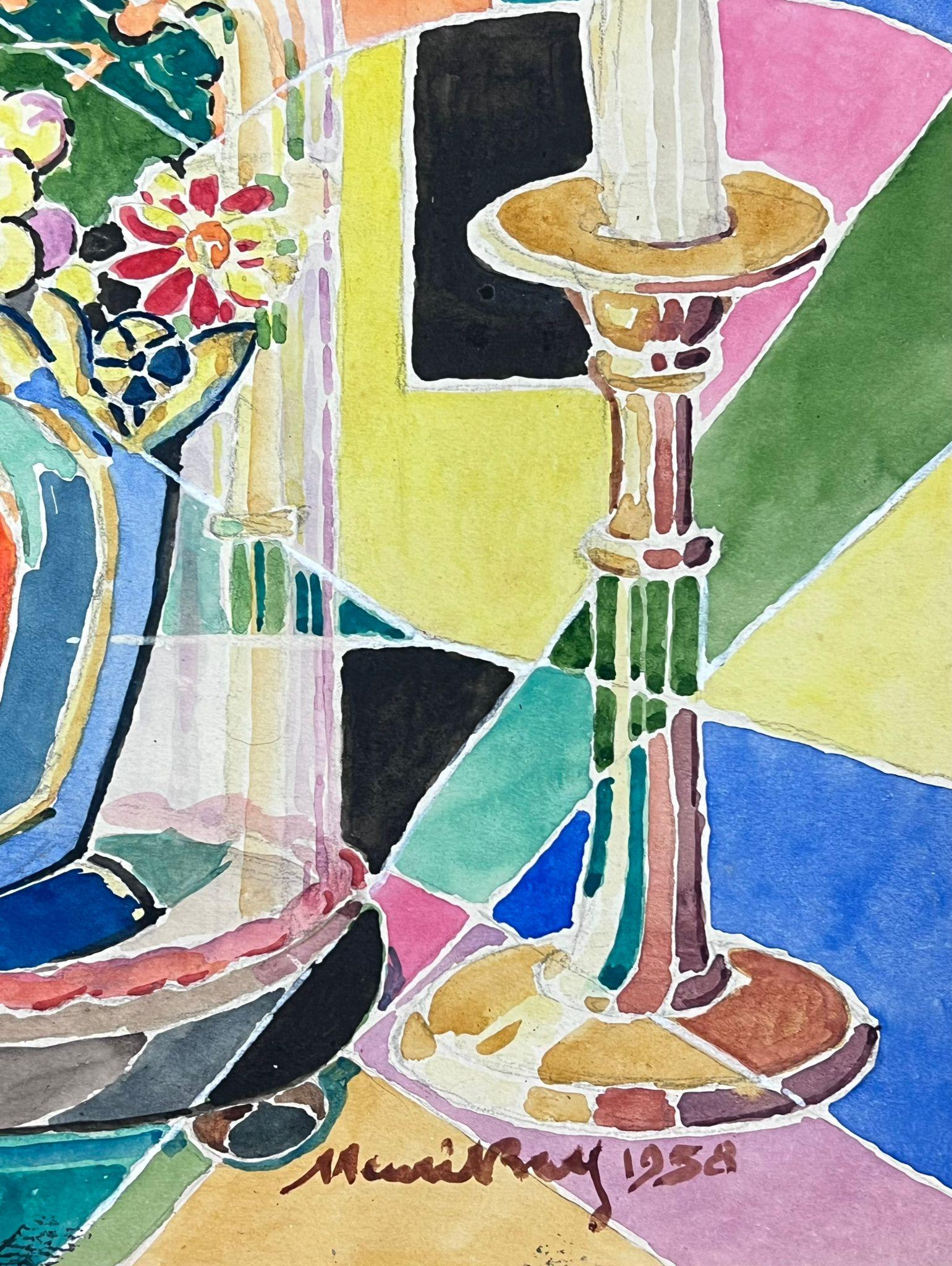 Pittura cubista francese della metà del 20° secolo con natura morta, cupola di vetro e portacandele - Painting Cubismo di French School