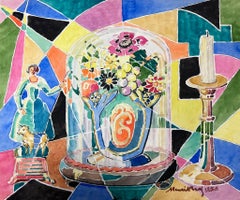 Pintura cubista francesa de bodegón de mediados del siglo XX Cúpula de cristal y candelabro