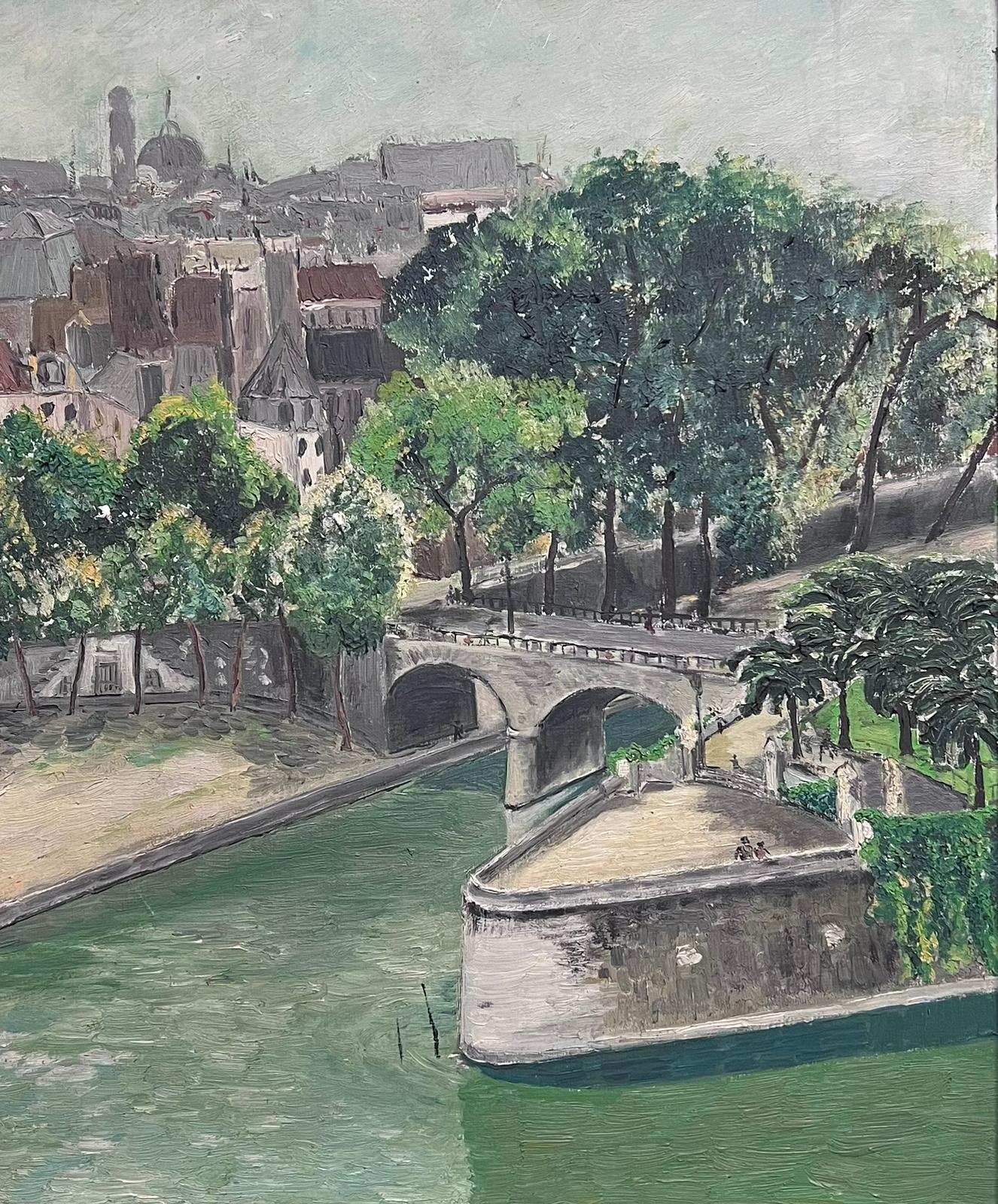 Mid 20th Century French Impressionist Oil Paris Bridge & River Seine Rooftops - Painting by French School