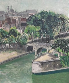 Mid 20th Century French Impressionist Oil Paris Bridge & River Seine Rooftops