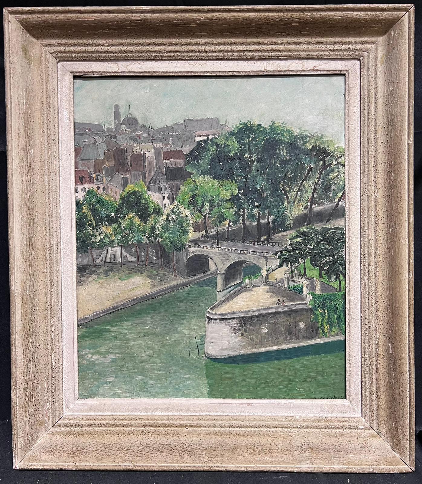French School Landscape Painting - Mid 20th Century French Impressionist Oil Paris Bridge & River Seine Rooftops