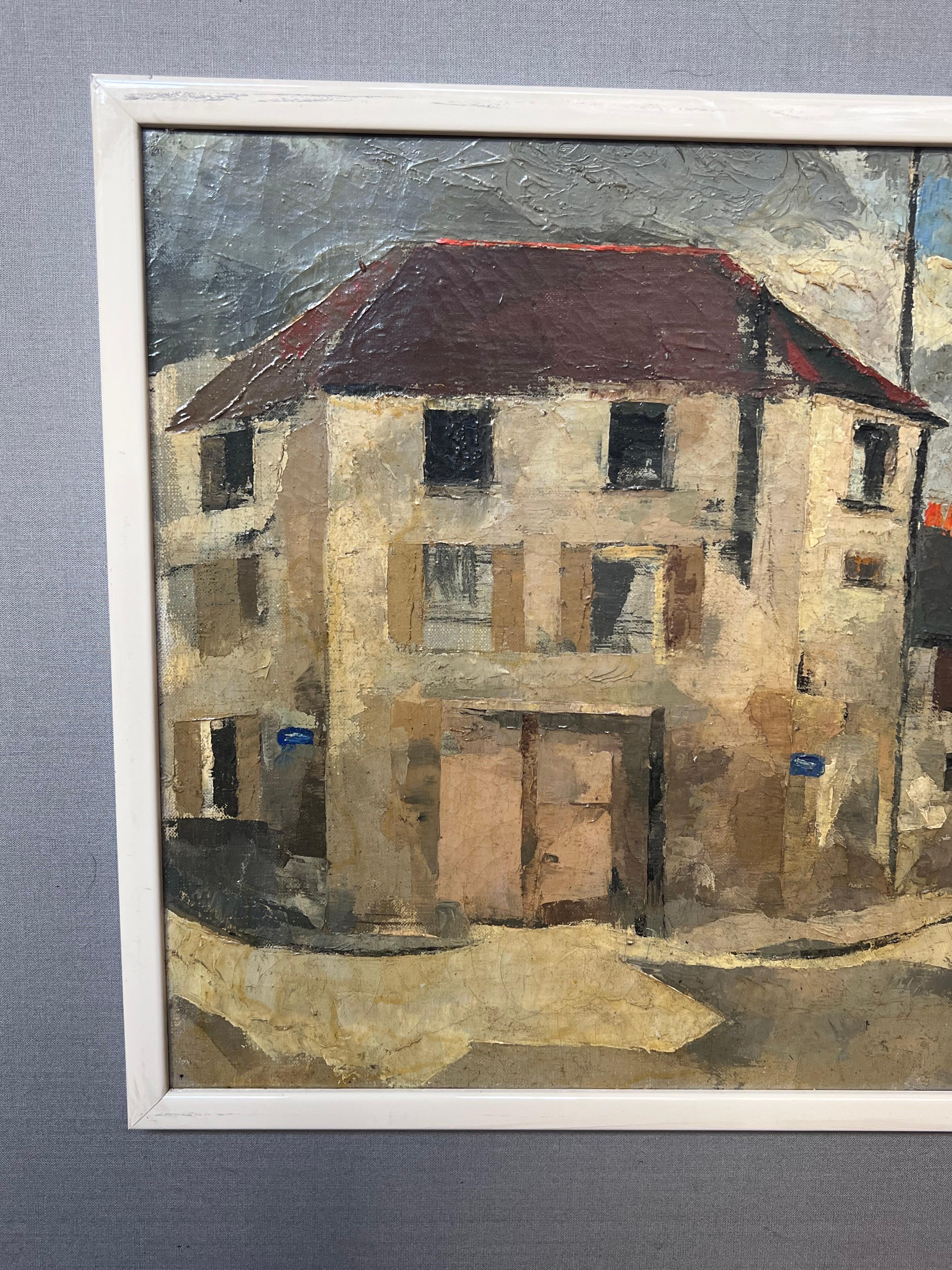 Mid 20th Century French Modernist Paris Montmartre Street Scene Signed Oil For Sale 2