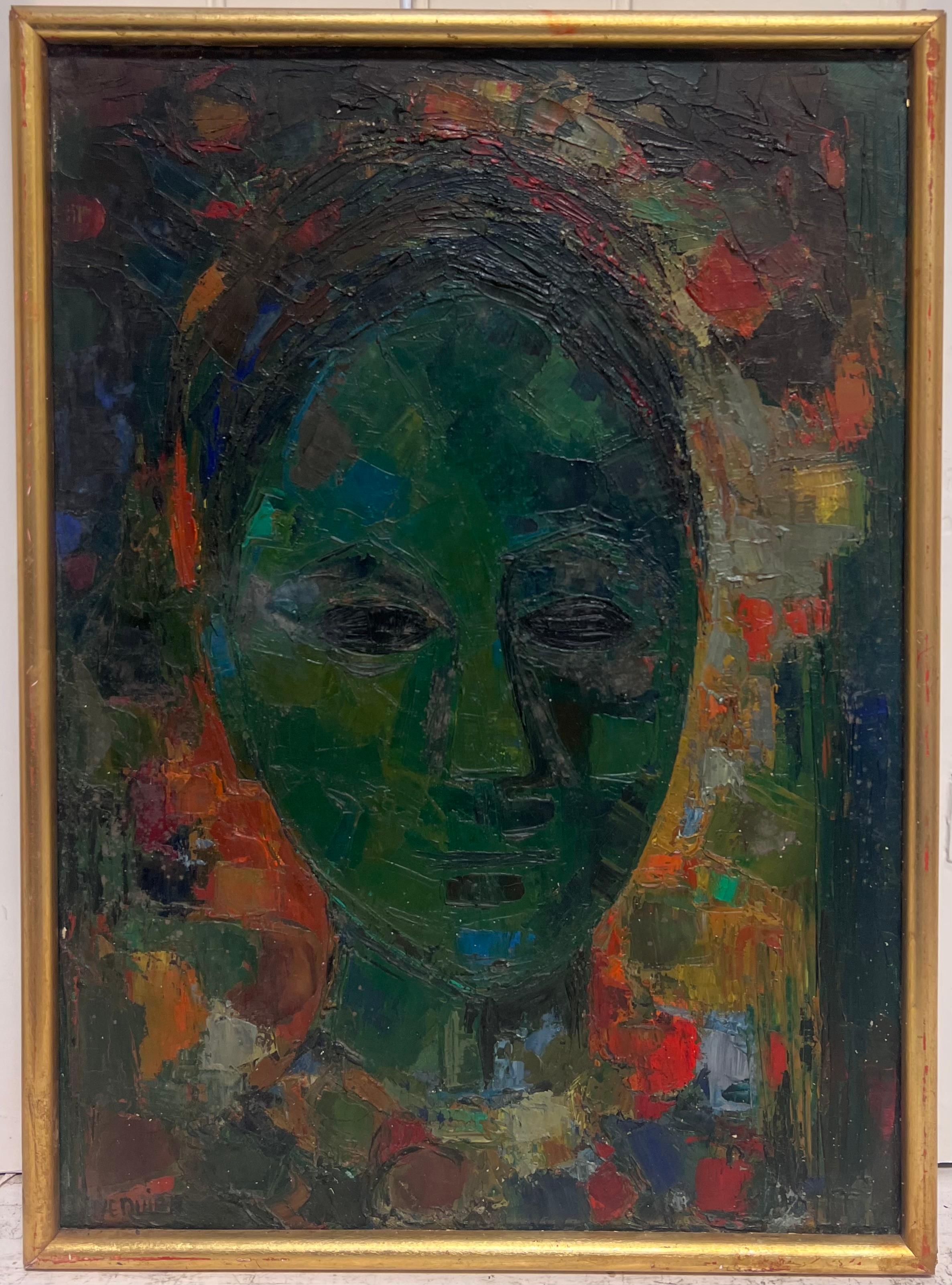 Mitte des 20. Jahrhunderts Französisch Modernist signiert Ölgemälde Kopf Porträt Frau – Painting von French School