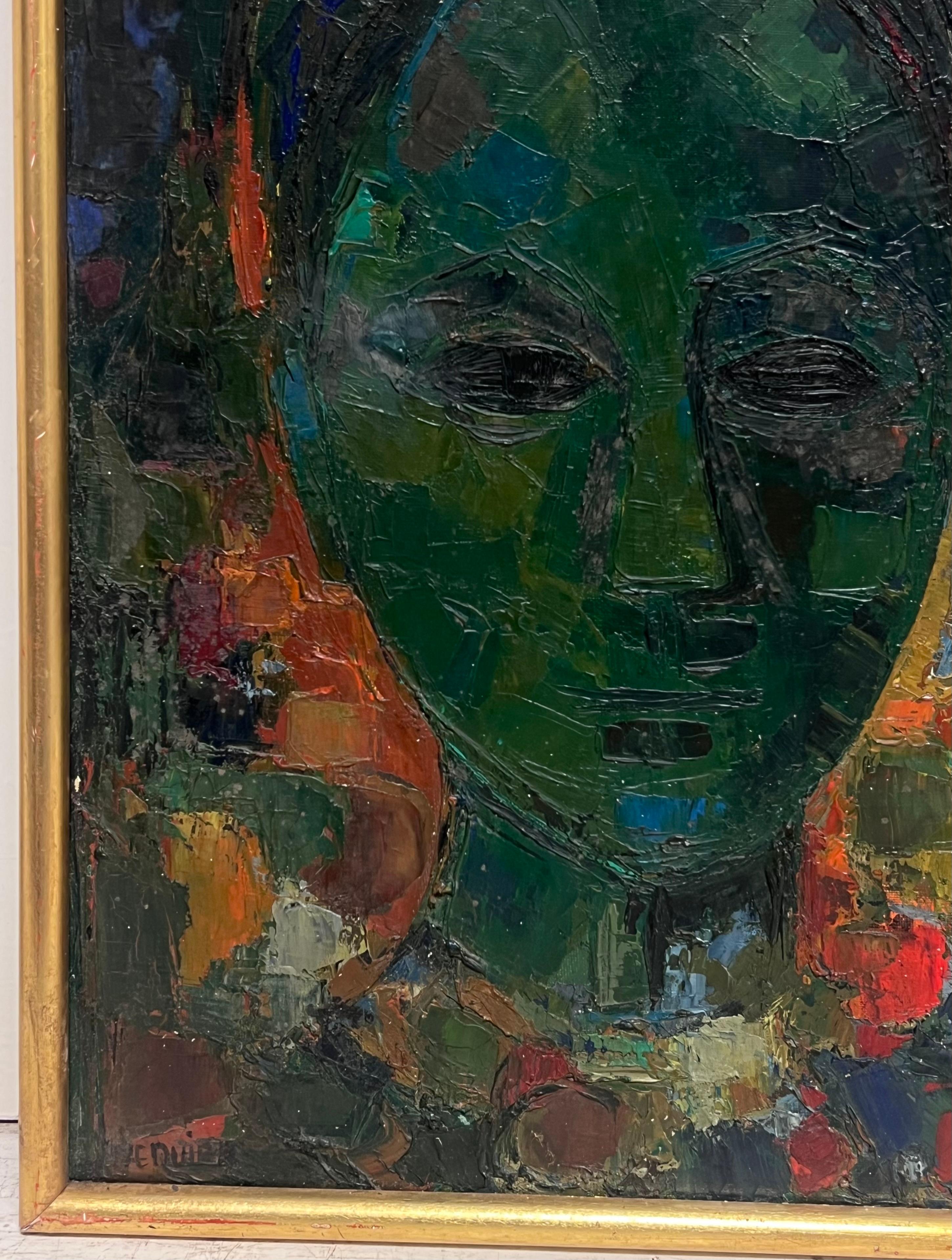 Mitte des 20. Jahrhunderts Französisch Modernist signiert Ölgemälde Kopf Porträt Frau (Moderne), Painting, von French School