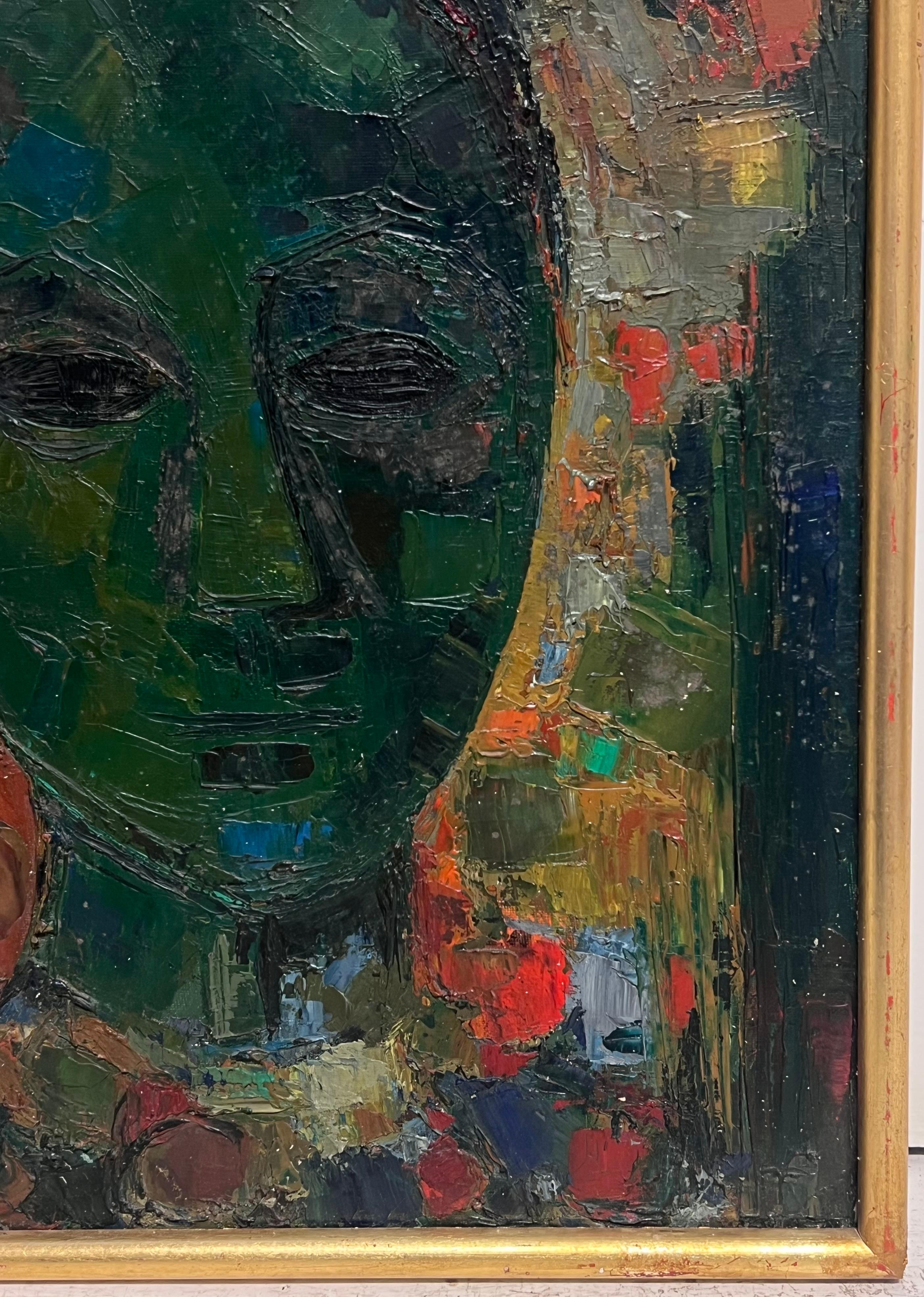 Mitte des 20. Jahrhunderts Französisch Modernist signiert Ölgemälde Kopf Porträt Frau (Schwarz), Abstract Painting, von French School