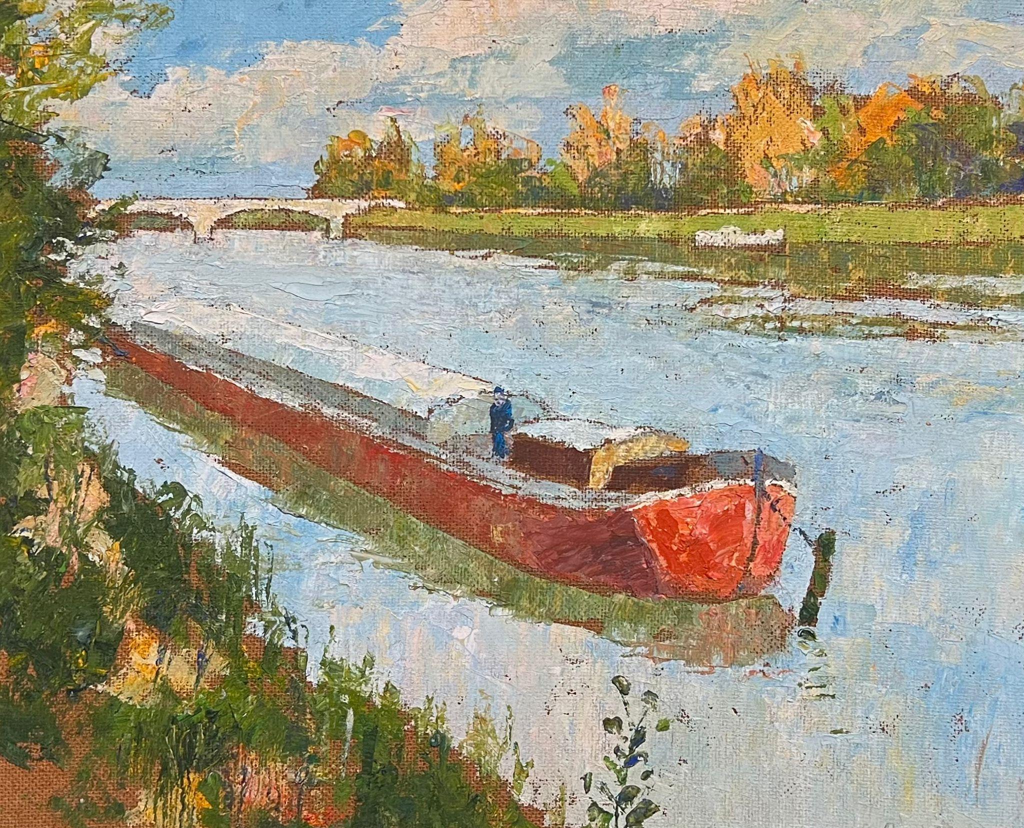 Scena fluviale firmata con olio della metà del XX secolo con casa rossa e barca - Painting di French School