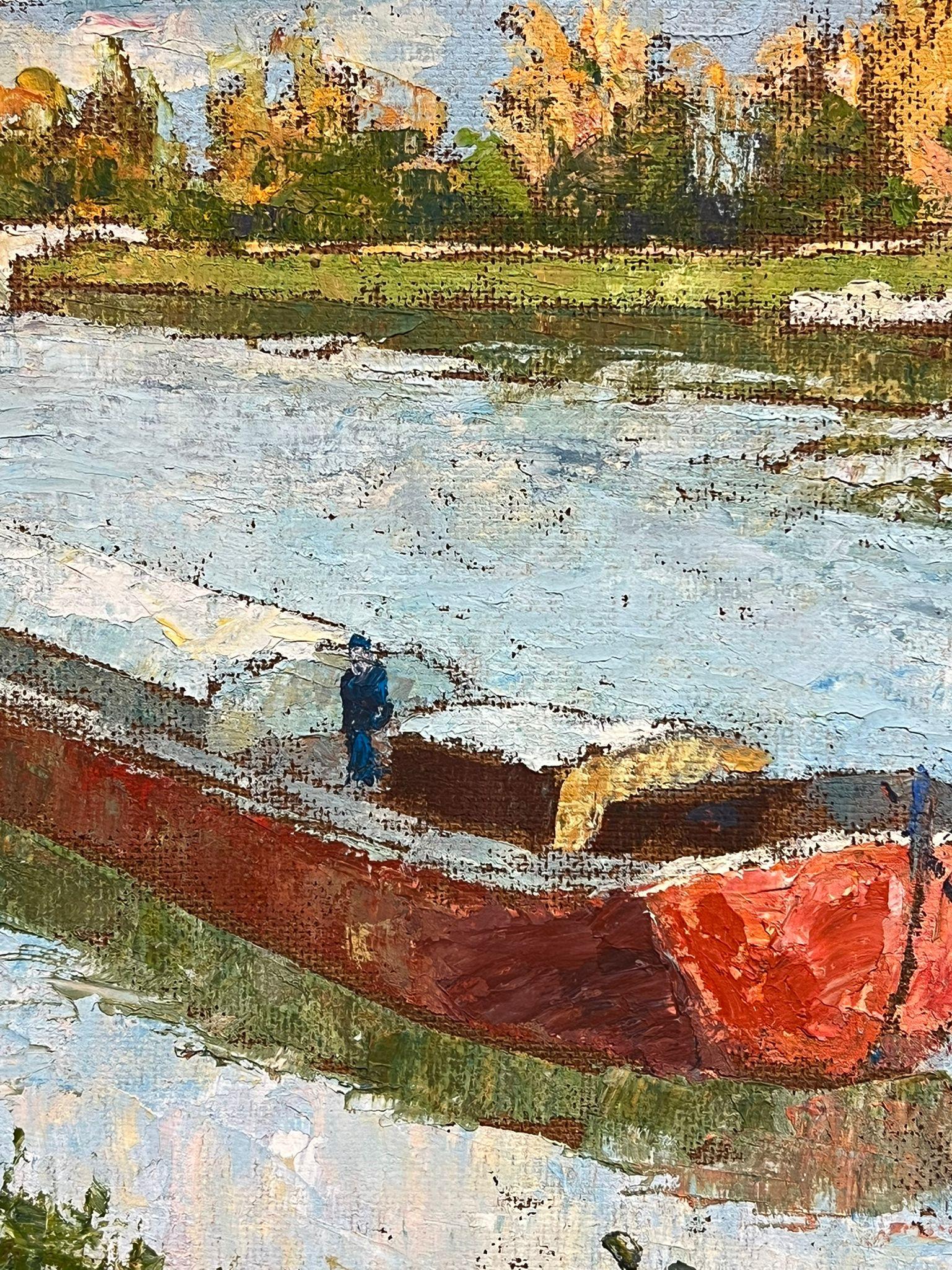 Scena fluviale firmata con olio della metà del XX secolo con casa rossa e barca - Painting Impressionismo di French School