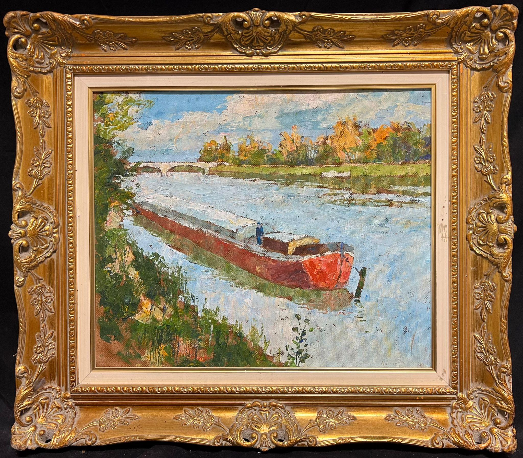 French School Figurative Painting – Mitte des 20. Jahrhunderts Französisch Modernist signiert Öl Fluss-Szene mit rotem Haus Boot