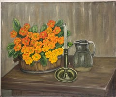 Mid 20th Century French Oil Painting Orange Pansies & Candle Table Interior