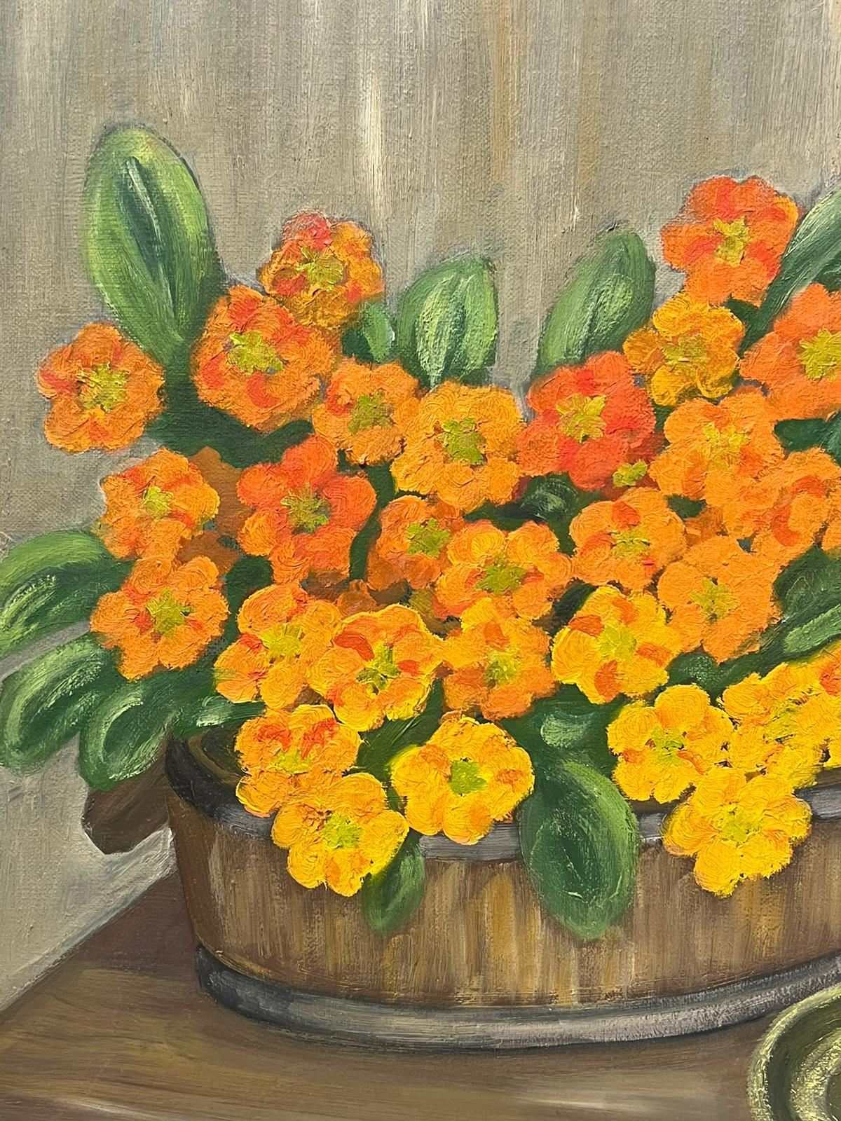 Mid 20th Century French Oil Painting Orange Pansies & Candle Table Interior  For Sale 2
